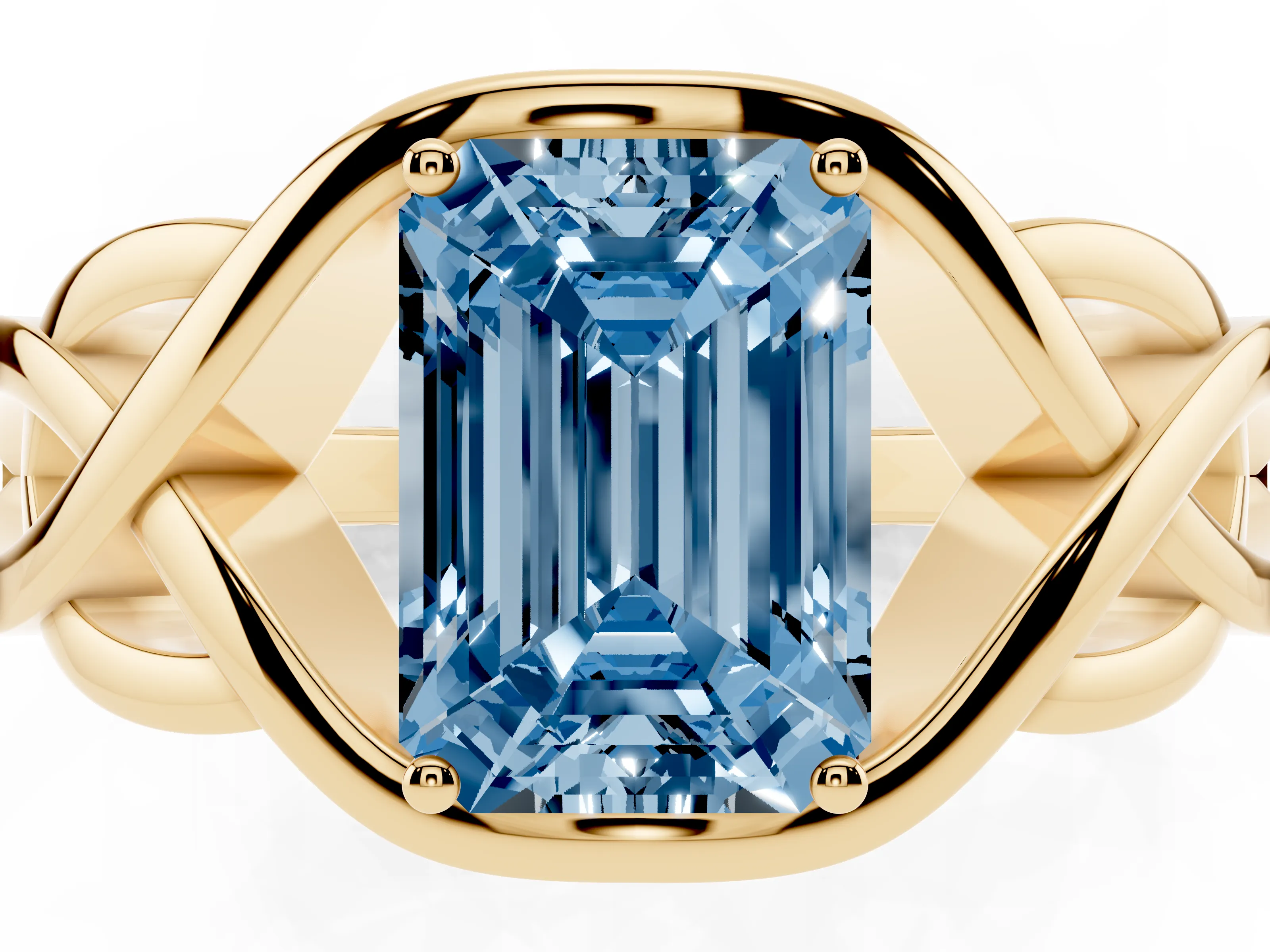 Fancy Blue Emerald Cut Diamond Solitaire Ring Set in Yellow gold with Intertwined Band