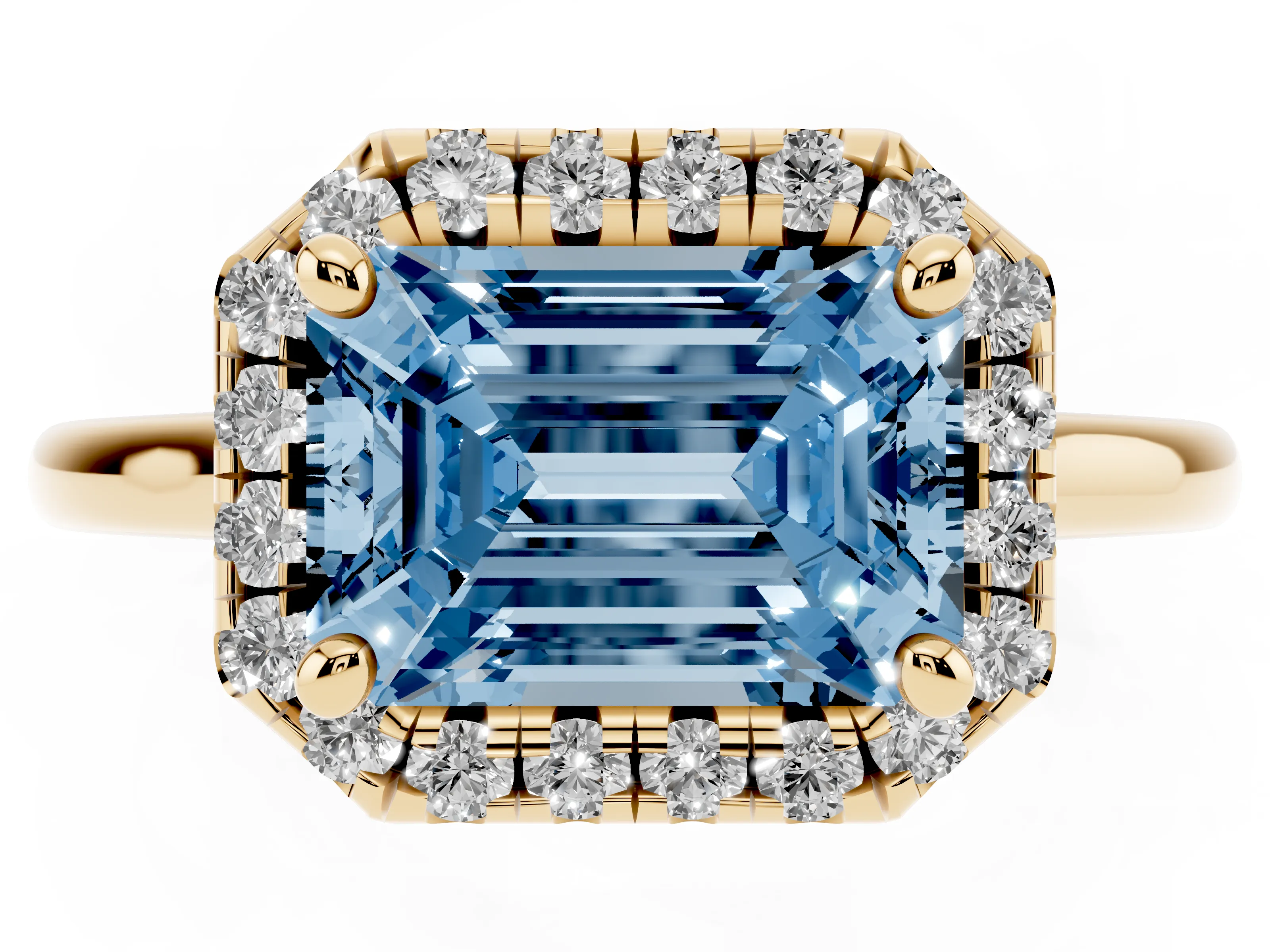 Fancy Blue Emerald Cut Diamond Halo Engagement Ring Set in Yellow gold with Pavé Band and Rising Shoulders