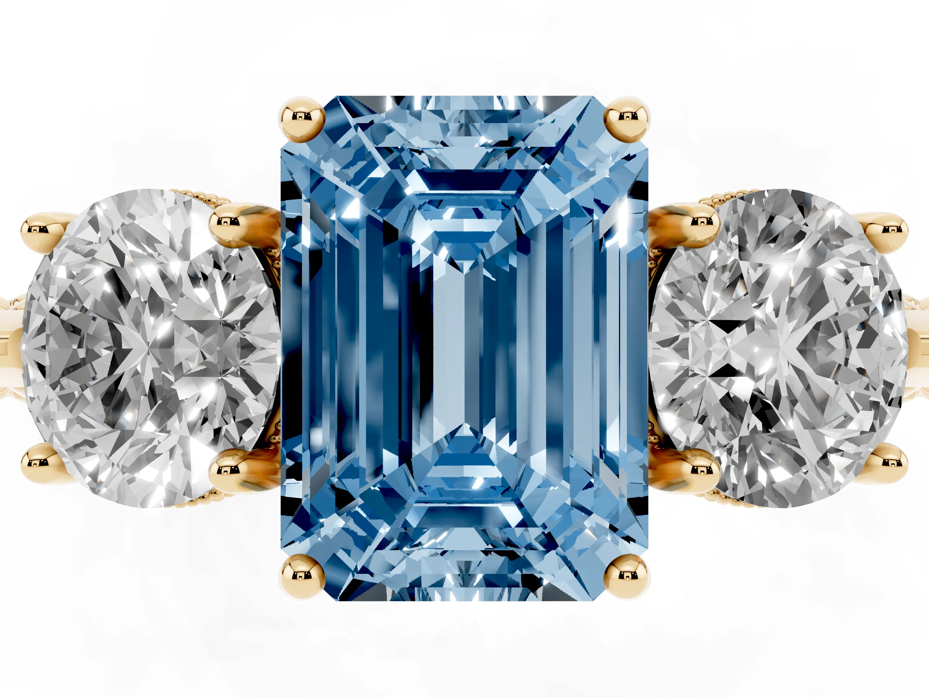 Fancy Blue Emerald Cut Diamond Three-Stone Ring Set in Yellow gold with Milgrain Band