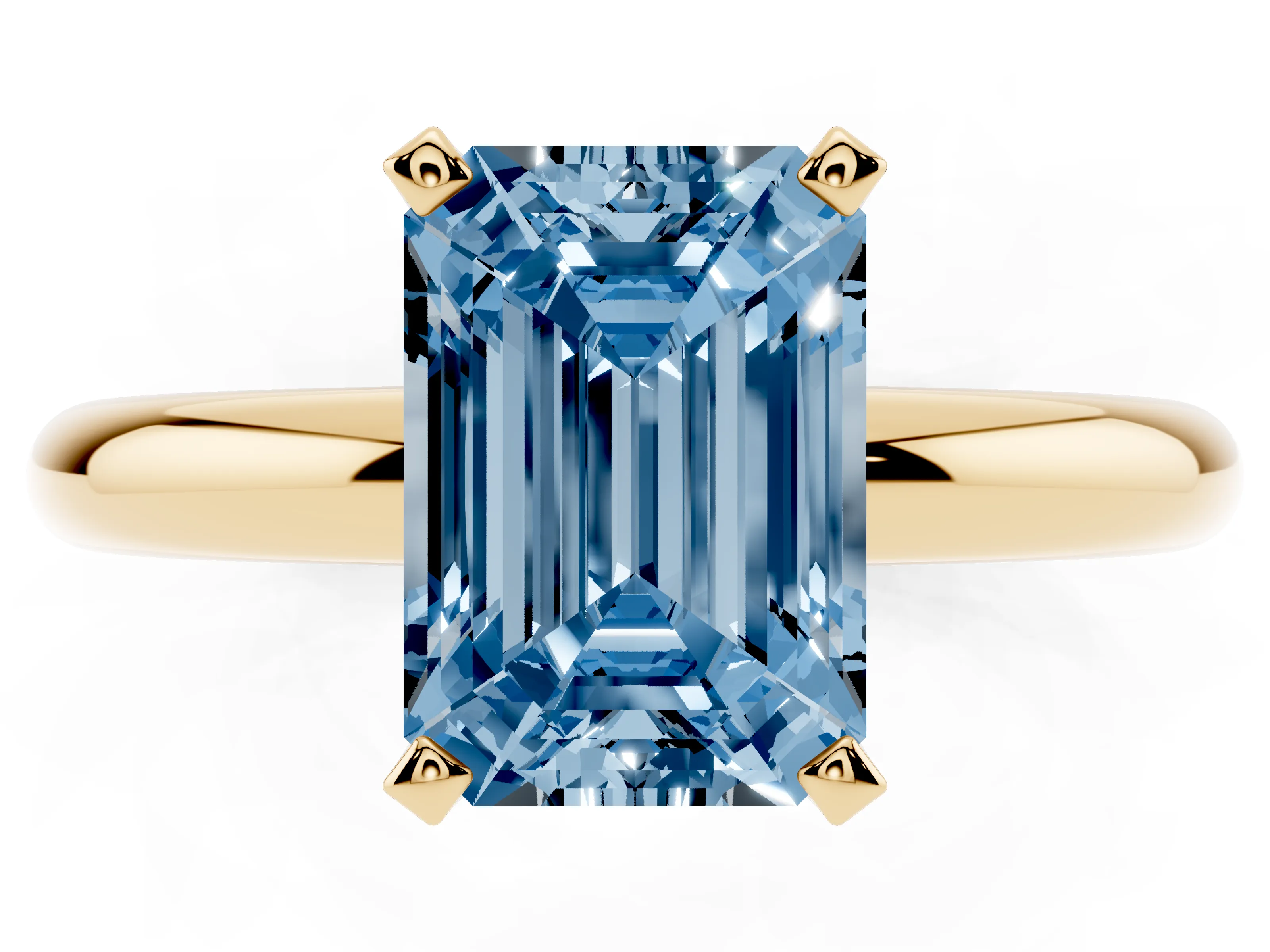 Fancy Blue Emerald Cut Diamond Solitaire Engagement Ring Set in Yellow gold with Round Band and Prong Setting