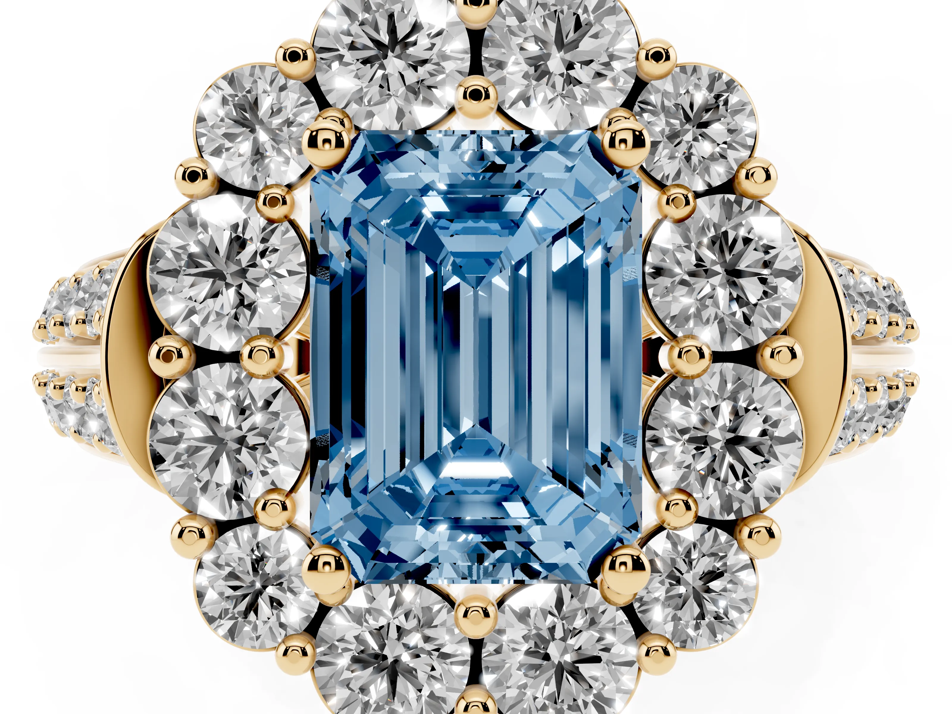 Fancy Blue Emerald Cut Diamond Halo Engagement Ring Set in Yellow gold with Split Shank and Prong Setting