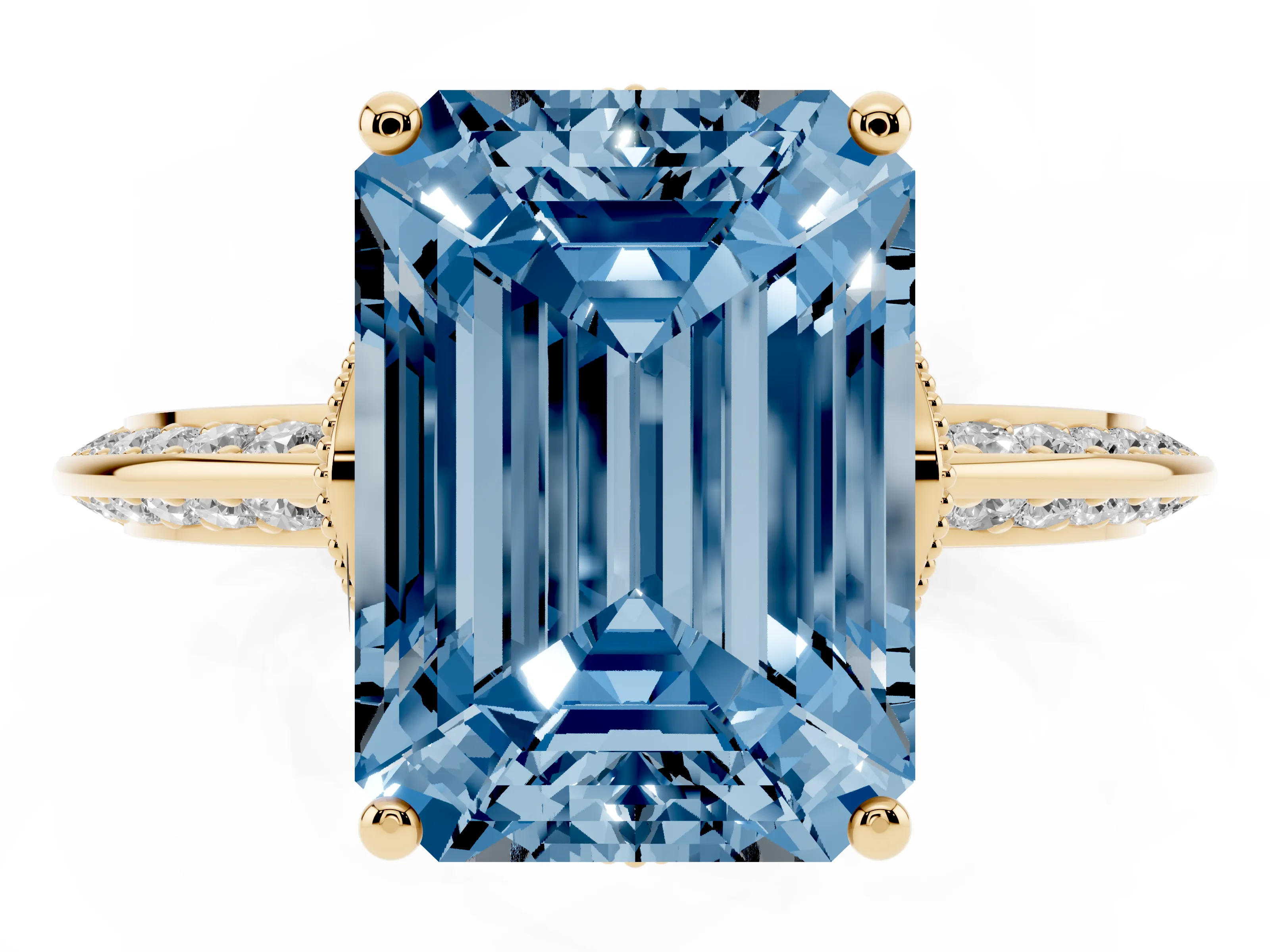 Fancy Blue Emerald Cut Diamond Solitaire Engagement Ring Set in Yellow gold with Pavé Split Shank and Prong Setting