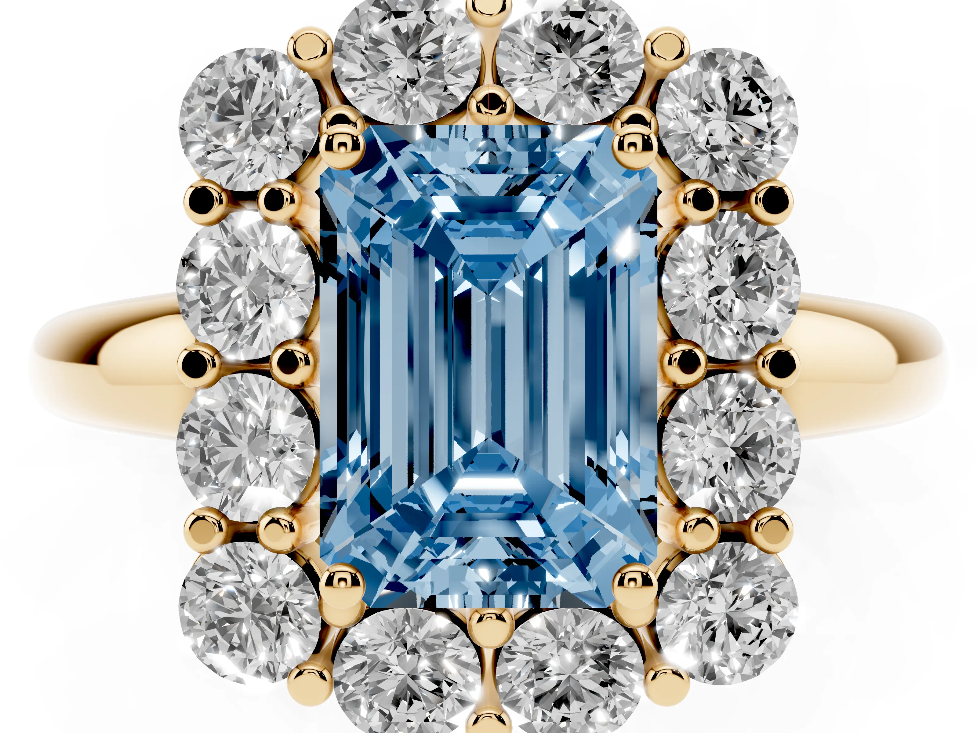 Fancy Blue Emerald Cut Diamond Halo Cluster Engagement Ring Set in Yellow gold with Polished Band and Prong Setting