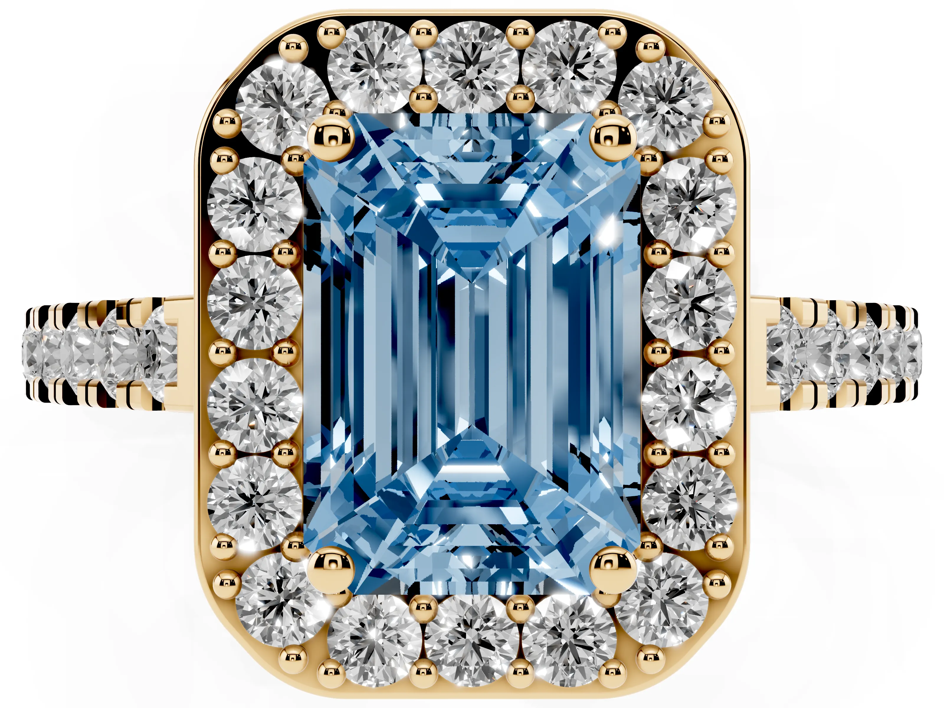 Fancy Blue Emerald Cut Diamond Halo Ring Set in Yellow gold with Round Pavé Split Shank and Prong Setting
