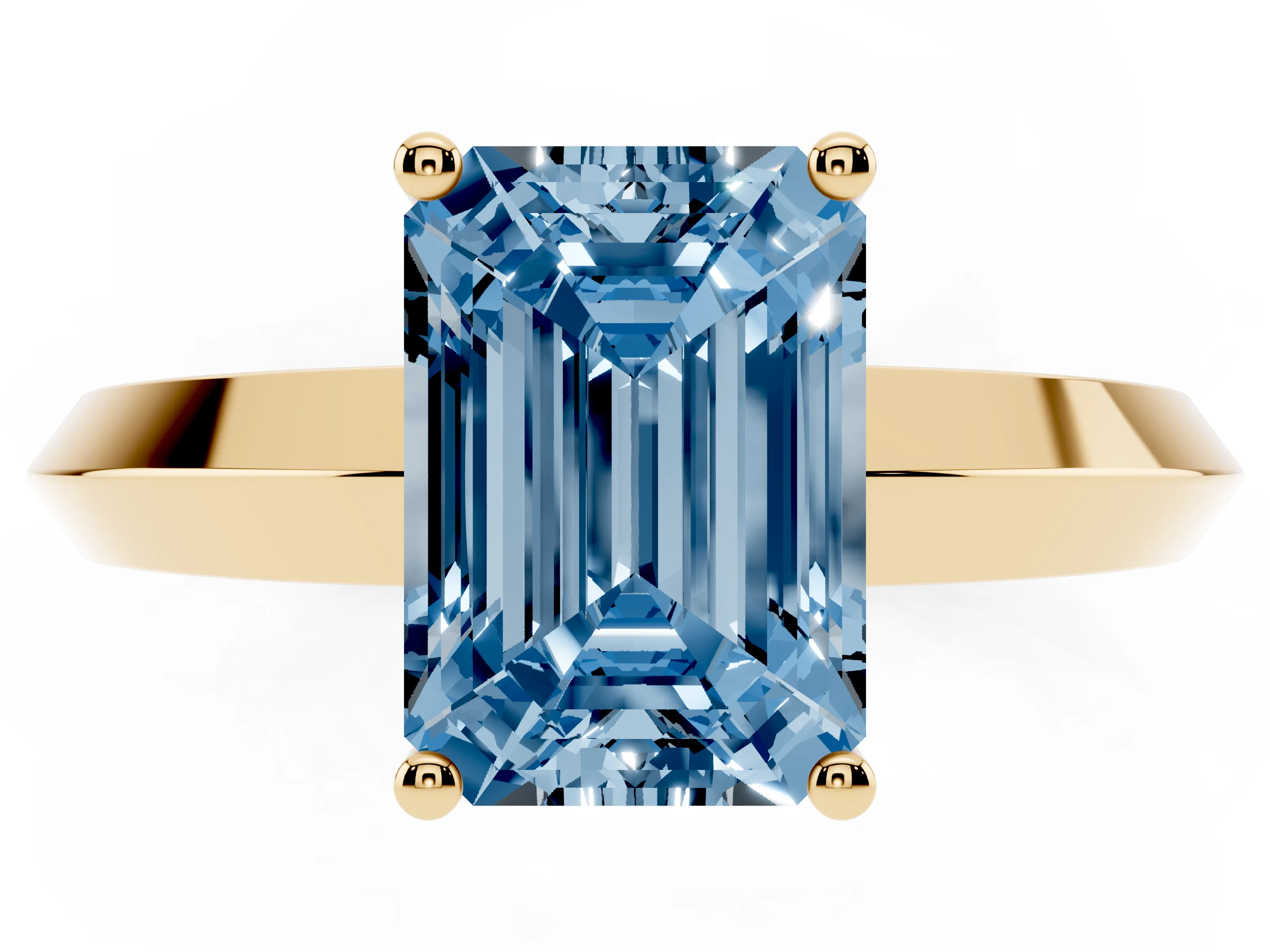 Fancy Blue Emerald Cut Diamond Solitaire Engagement Ring Set in Yellow gold with Flat Band and Prong Setting