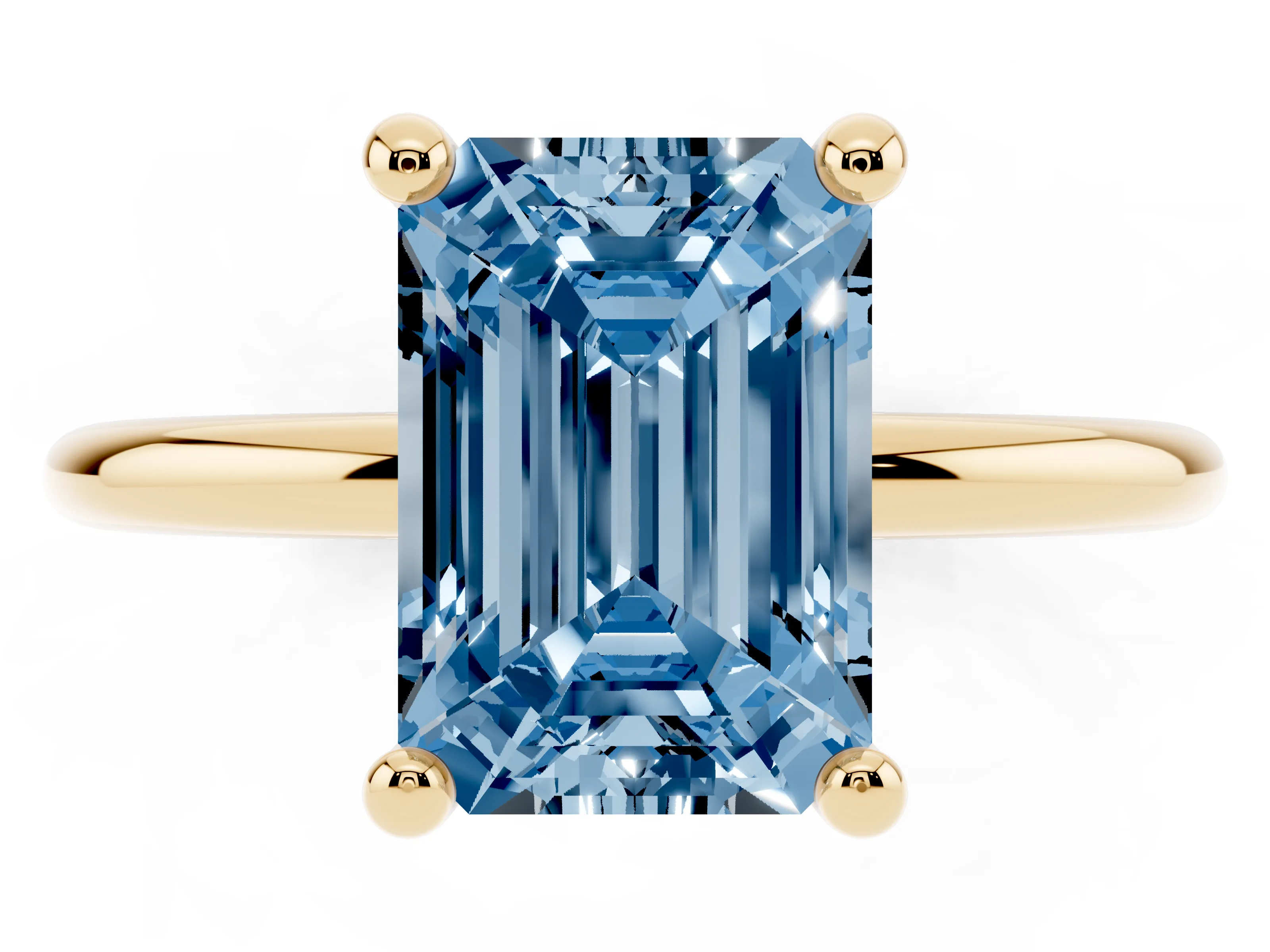 Fancy Blue Emerald Cut Diamond Solitaire Ring Set in Yellow gold with Secure Prong Setting on a Classic Band