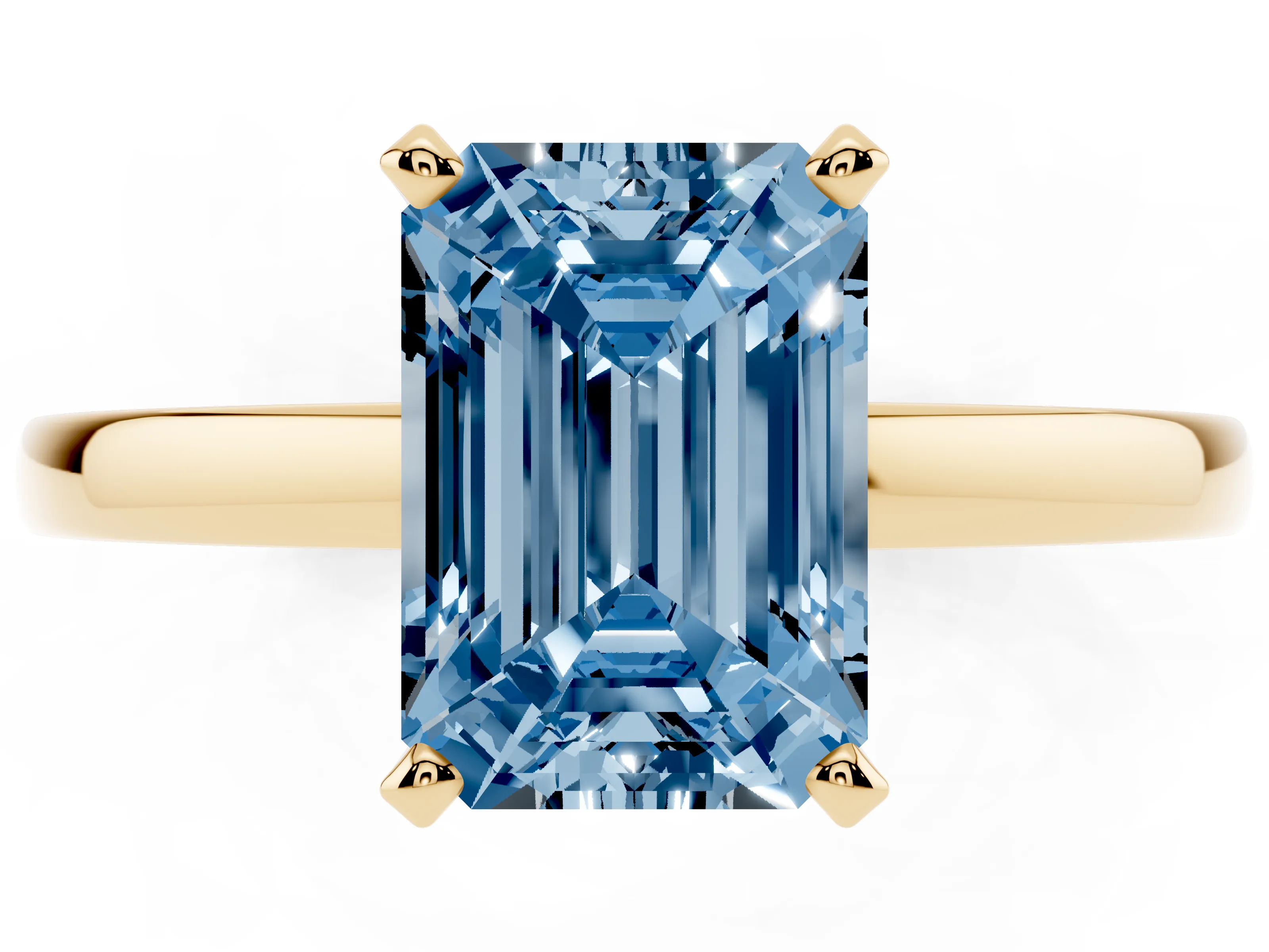 Fancy Blue Emerald Cut Diamond Solitaire Engagement Ring Set in Yellow gold with Prong Setting on a Classic Band