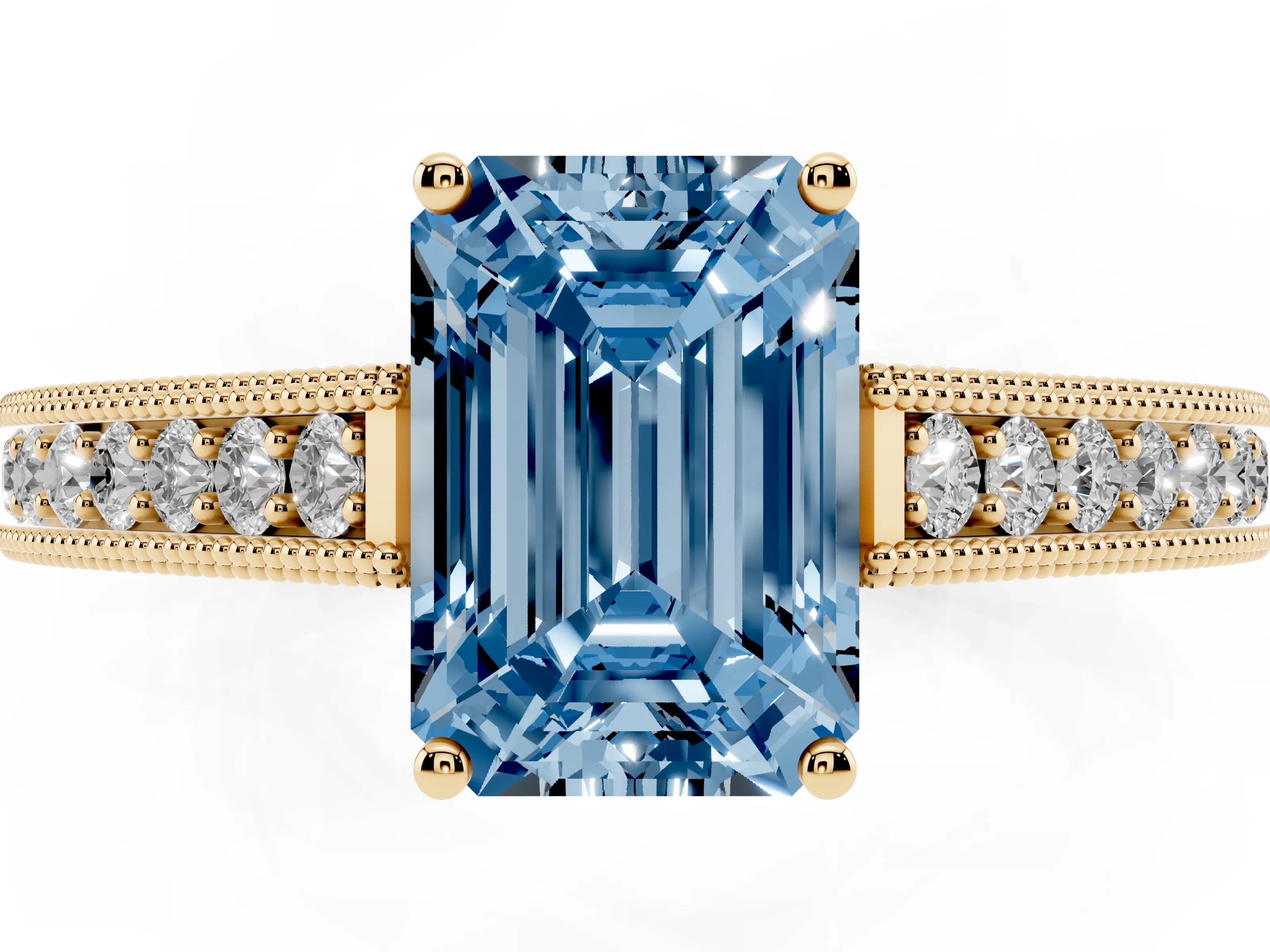 Fancy Blue Emerald Cut Diamond Milgrain Pavé Band Solitaire Ring Set in Yellow gold with Prong Setting