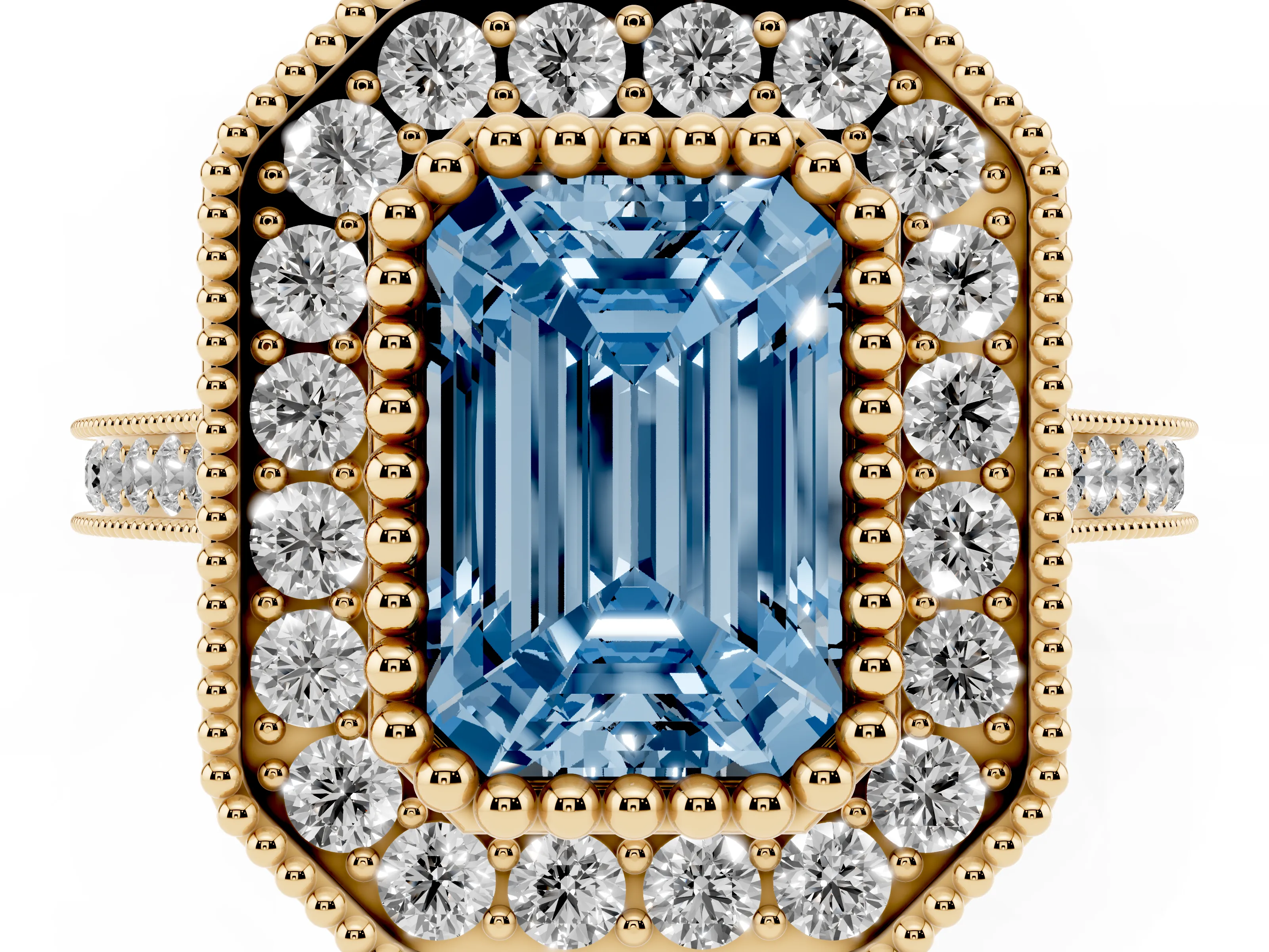 Fancy Blue Emerald Cut Diamond Halo Ring Set in Yellow gold with Milgrain Frame and Pavé Band