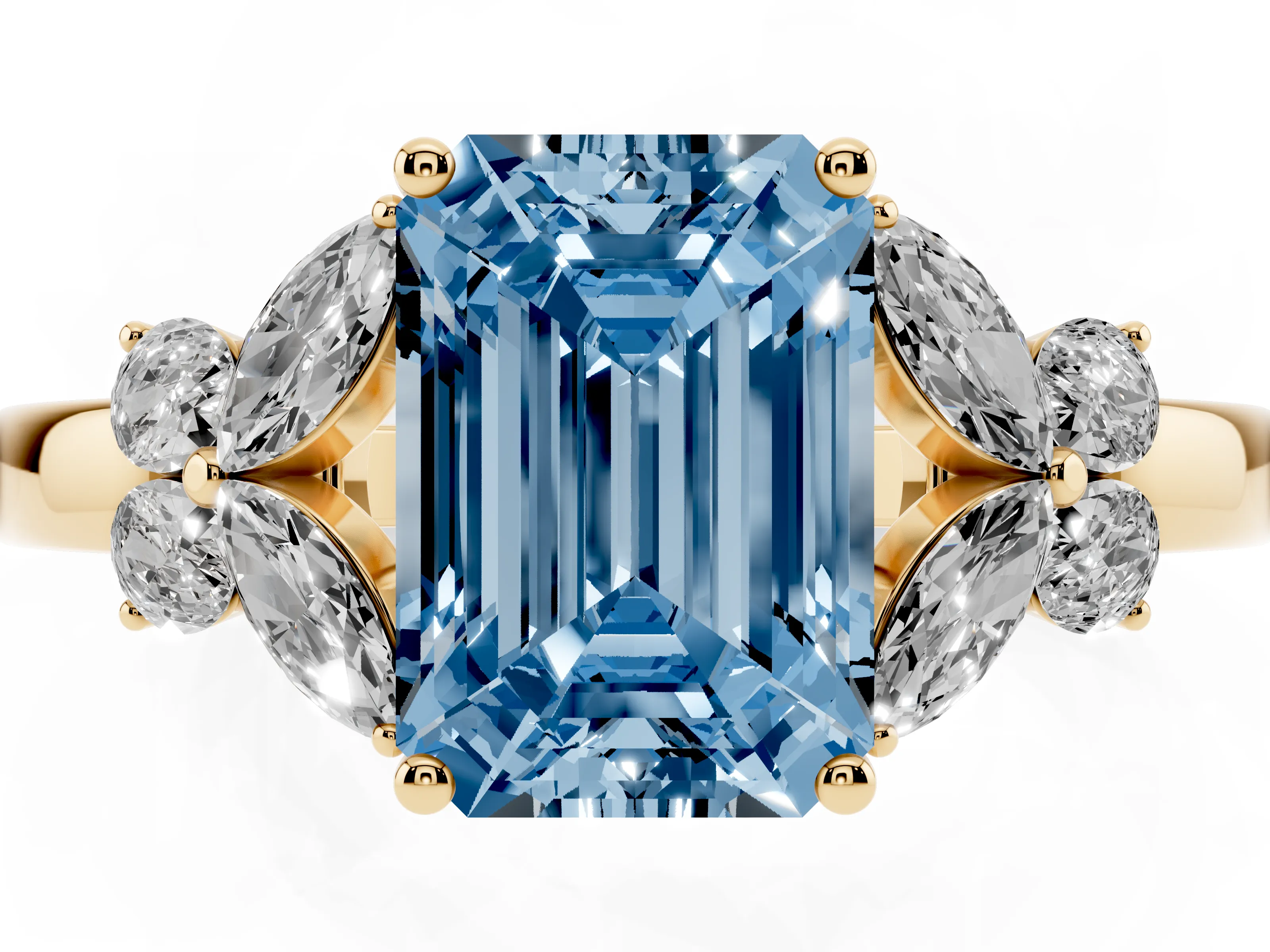 Fancy Blue Emerald Cut Diamond Solitaire Floral Ring Set in Yellow gold with Marquise Petals and Prong Setting