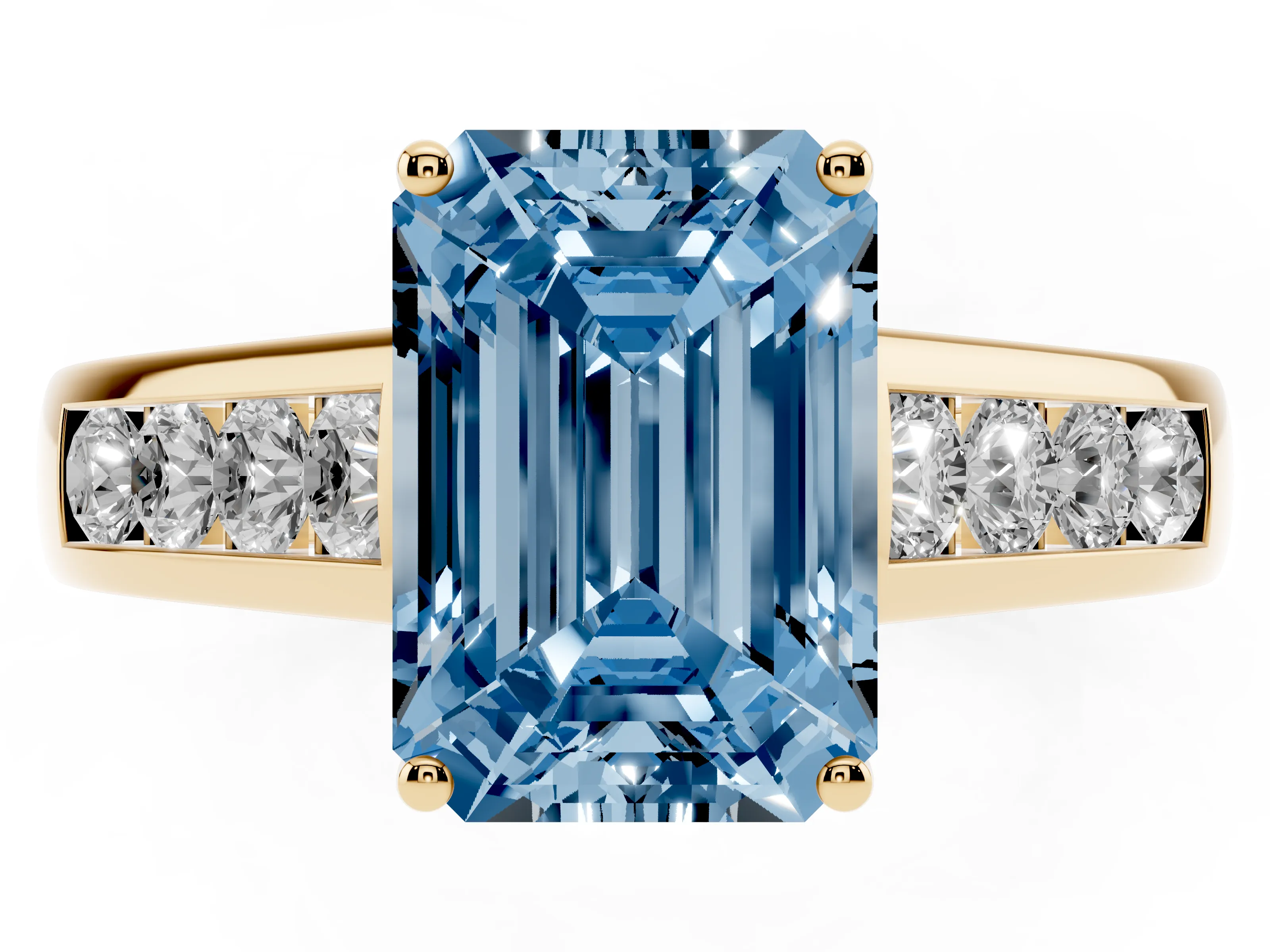 Fancy Blue Emerald Cut Diamond Brilliant Channel-Set Solitaire Ring Set in Yellow gold with Prong Setting