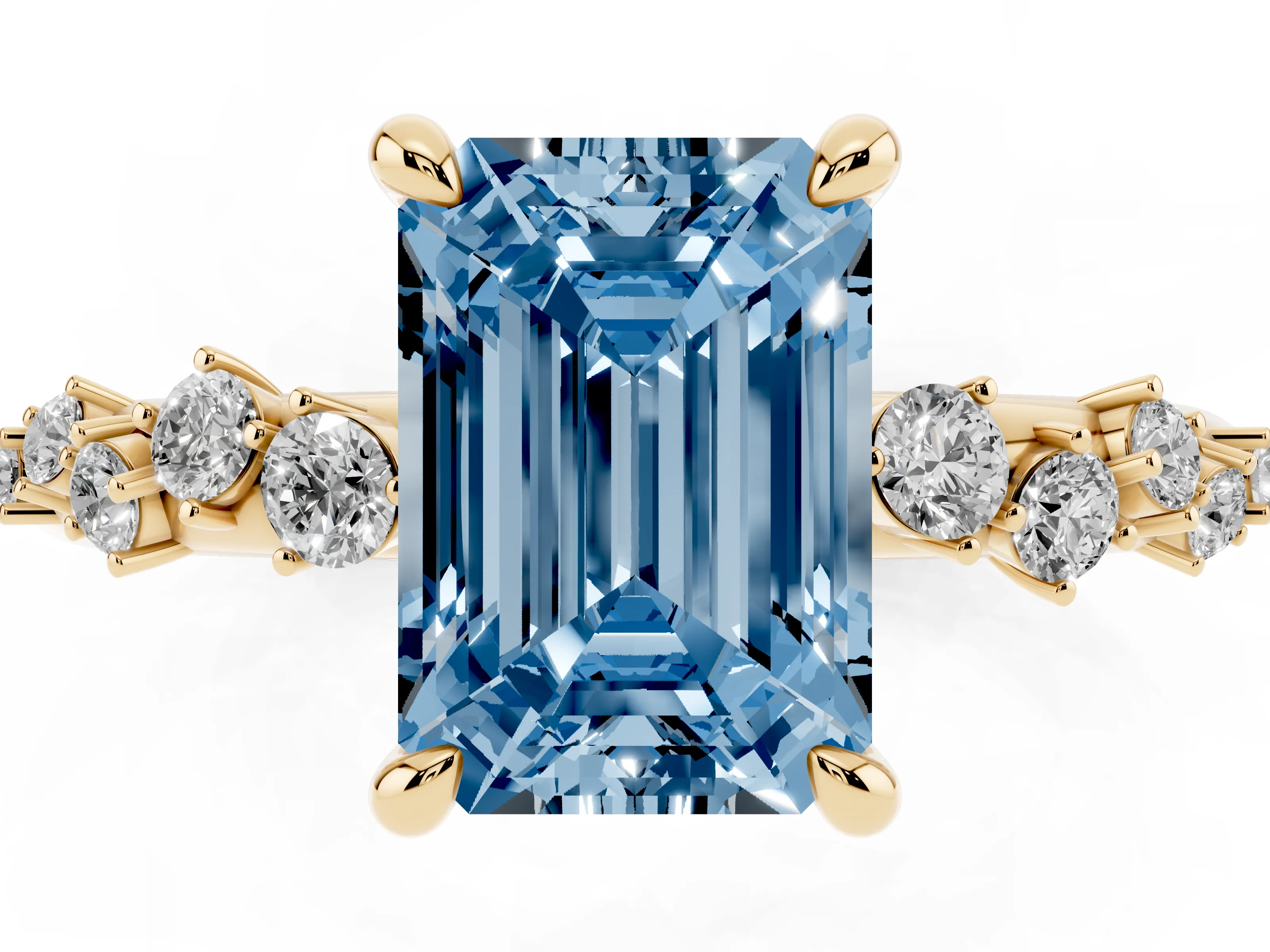 Fancy Blue Emerald Cut Diamond Solitaire Vine Band Ring Set in Yellow gold with Round Accents and Prong Setting