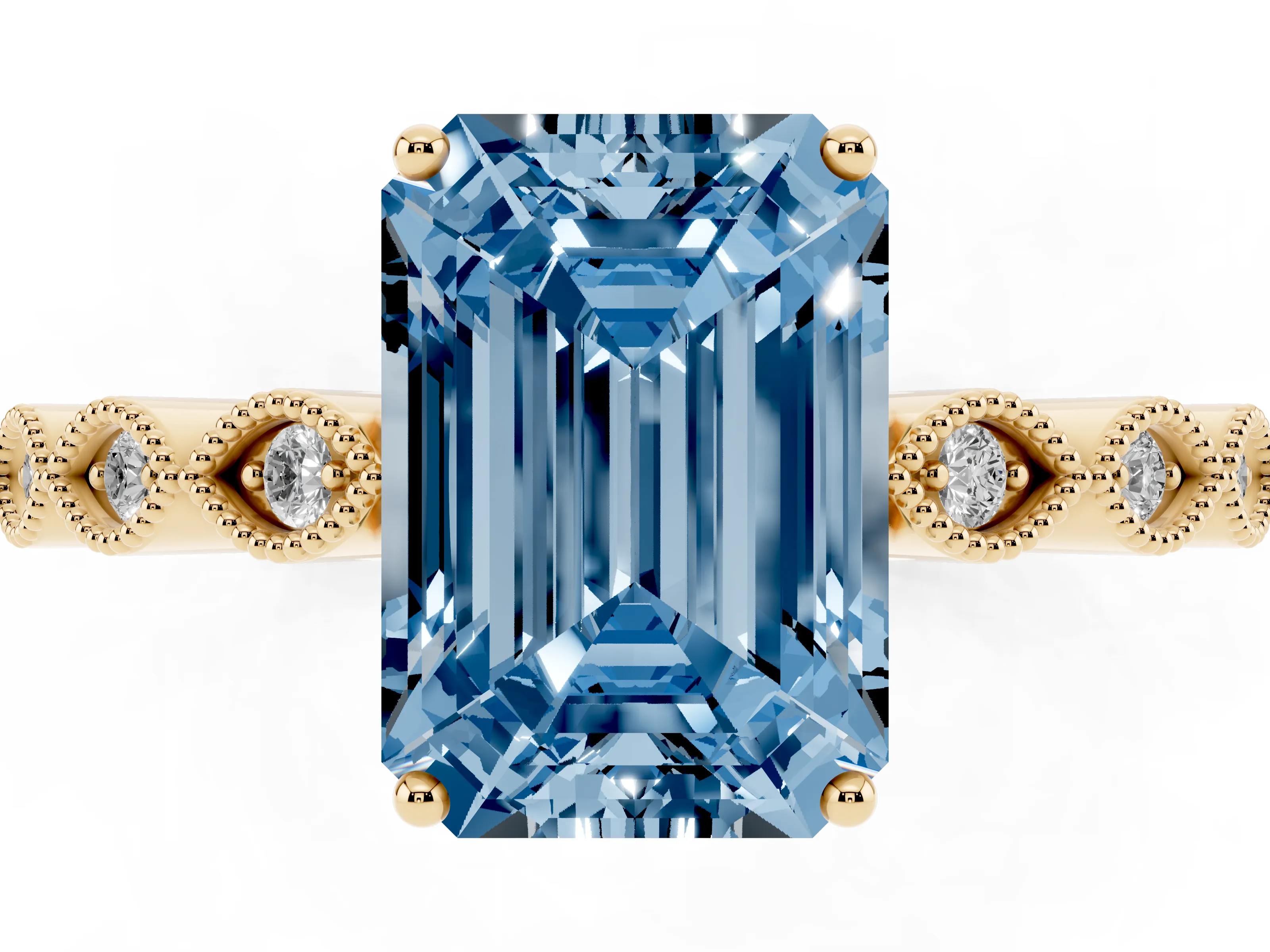 Fancy Blue Emerald Cut Diamond Solitaire Ring Set in Yellow gold with Infinity Twist Pavé Band