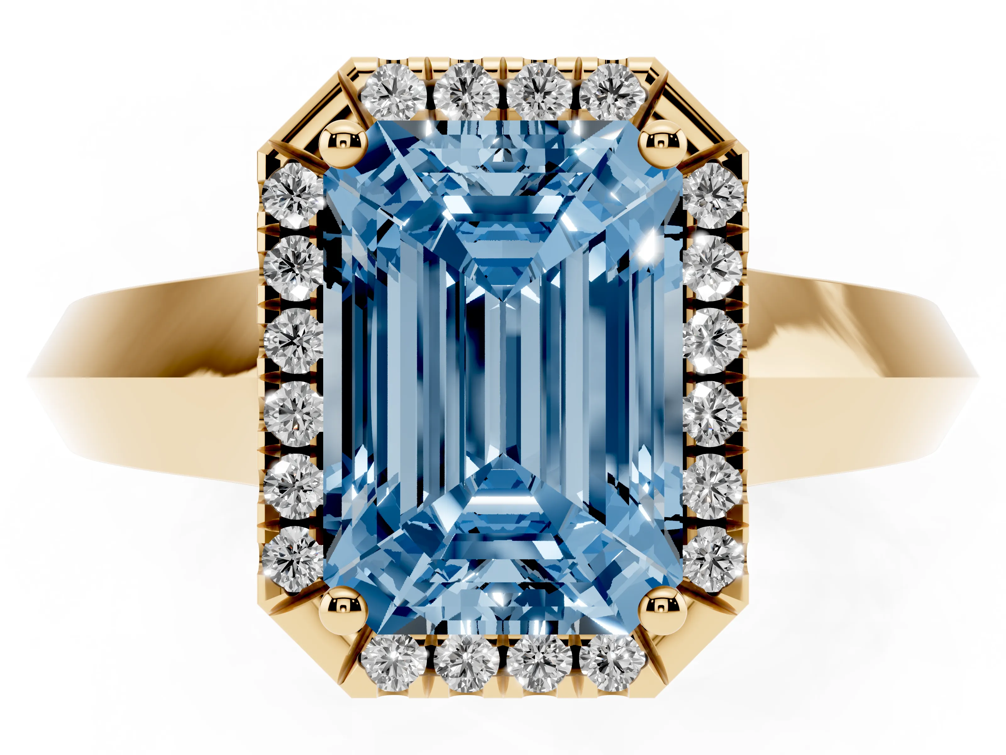 Fancy Blue Emerald Cut Diamond Halo Ring Set in Yellow gold with Cathedral Band and Prong Setting