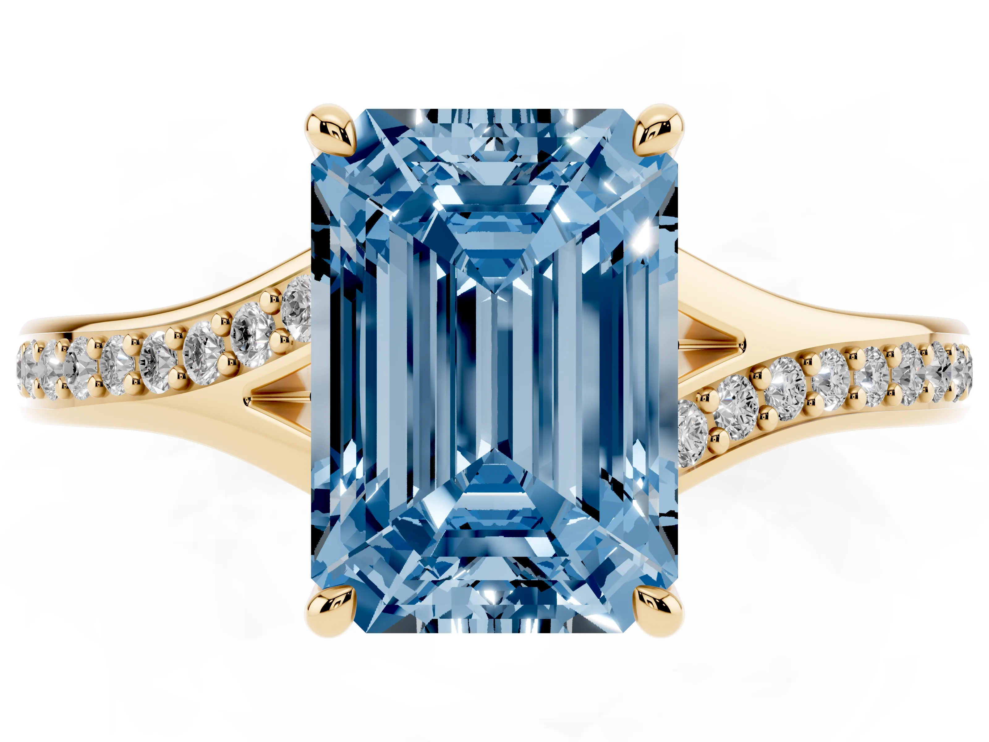 Fancy Blue Emerald Cut Diamond Solitaire Ring Set in Yellow gold with Pavé Accent Band and Classic Prong Setting