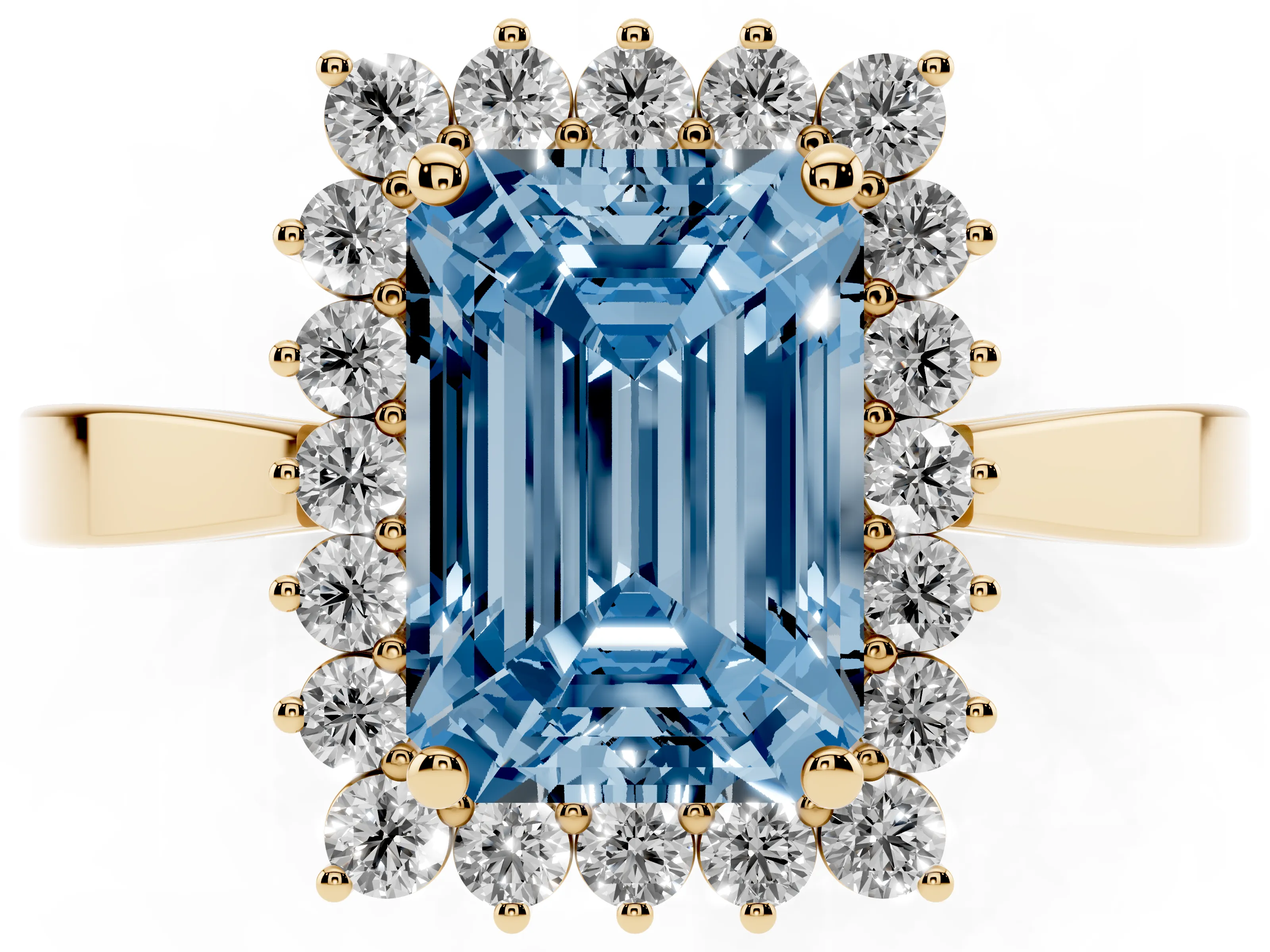Fancy Blue Emerald Cut Diamond Halo Ring Set in Yellow gold with Round Halo and Smooth Solitaire Band
