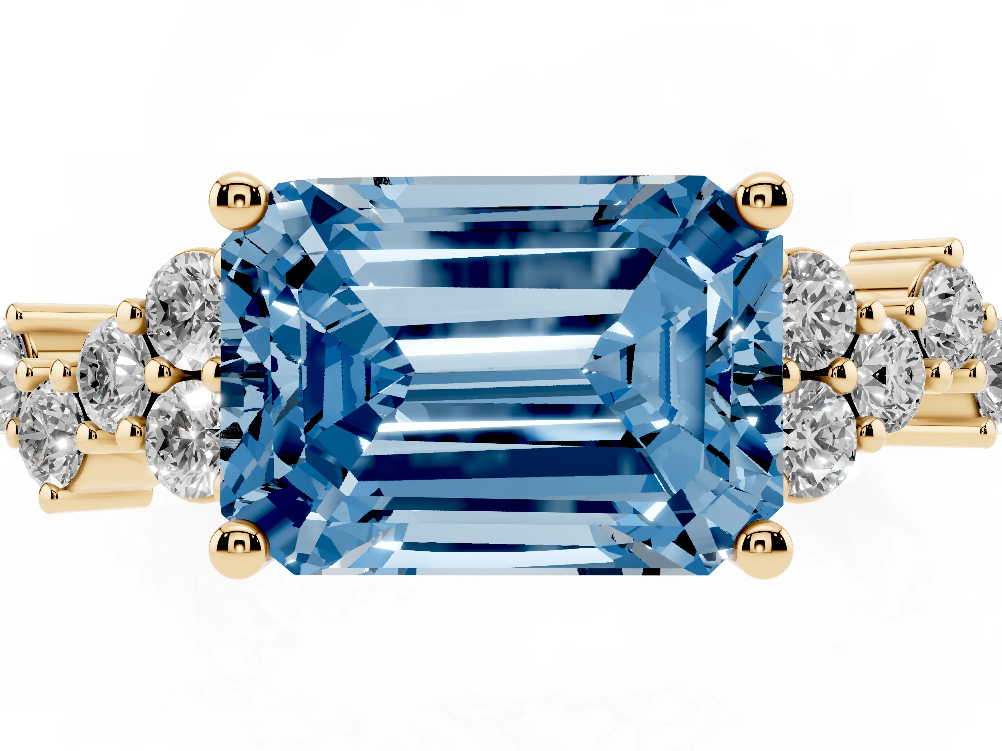 Fancy Blue Emerald Cut Diamond Ring Set in Yellow gold with Scattered Round Accents