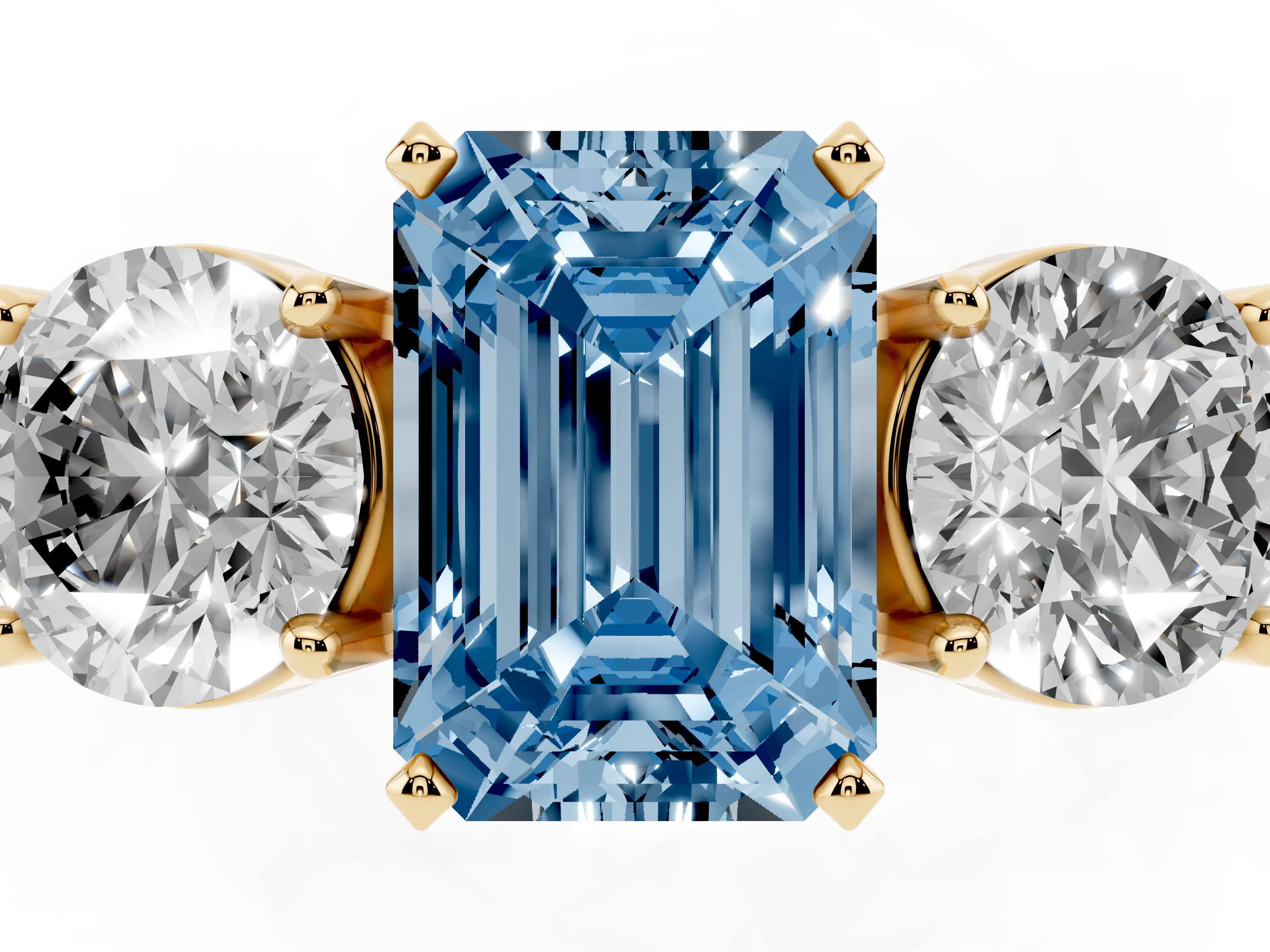 Fancy Blue Emerald Cut Diamond Three-Stone Ring Set in Yellow gold with Round Side Stones and Classic Band