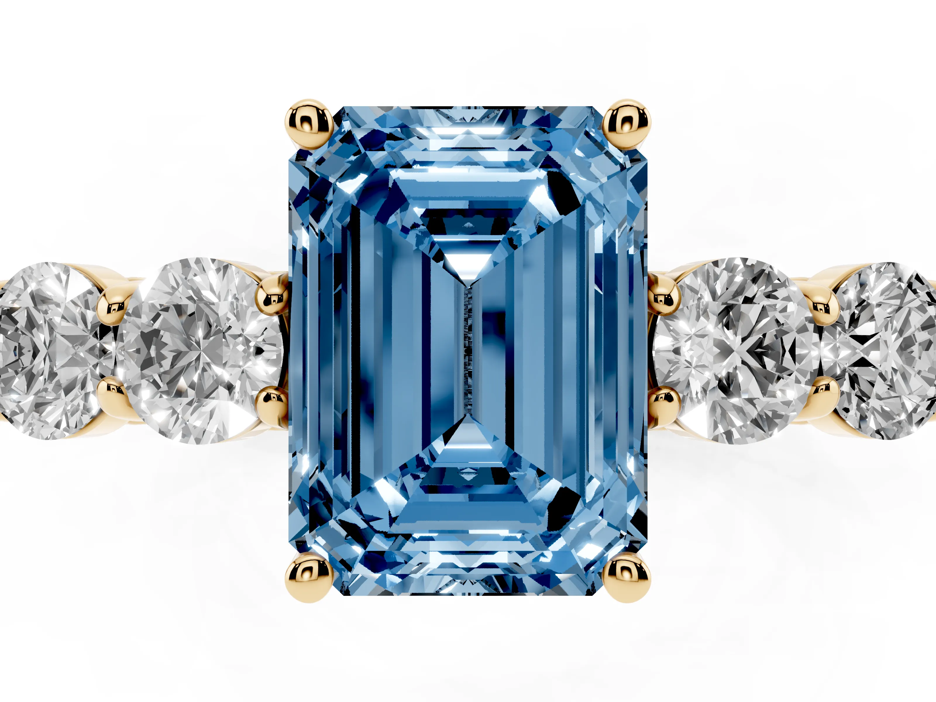Fancy Blue Emerald Cut Diamond Five-Stone Prong Set Band Ring Set in Yellow gold with Polished Band