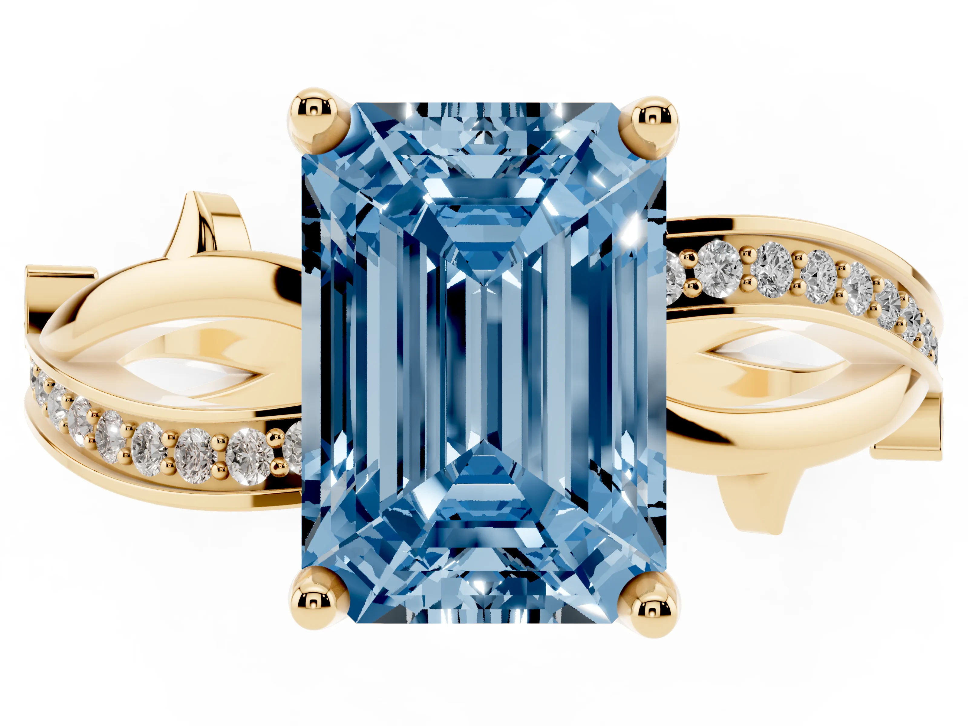 Fancy Blue Emerald Cut Diamond Pavé Twist Band Solitaire Ring Set in Yellow gold with Prong Setting