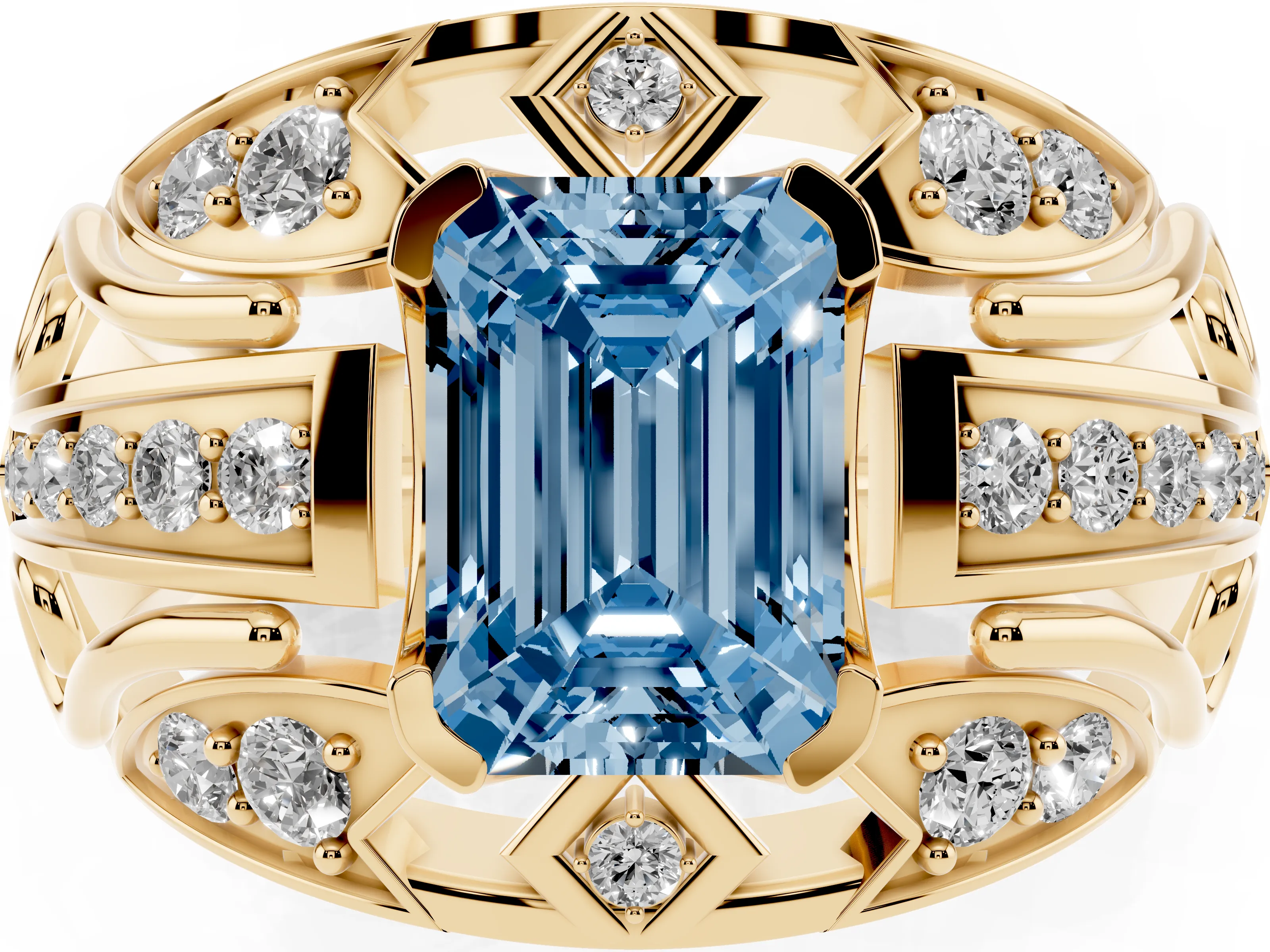 Fancy Blue Emerald Cut Diamond Art Deco Ring Set in Yellow gold with Pavé Split Shank