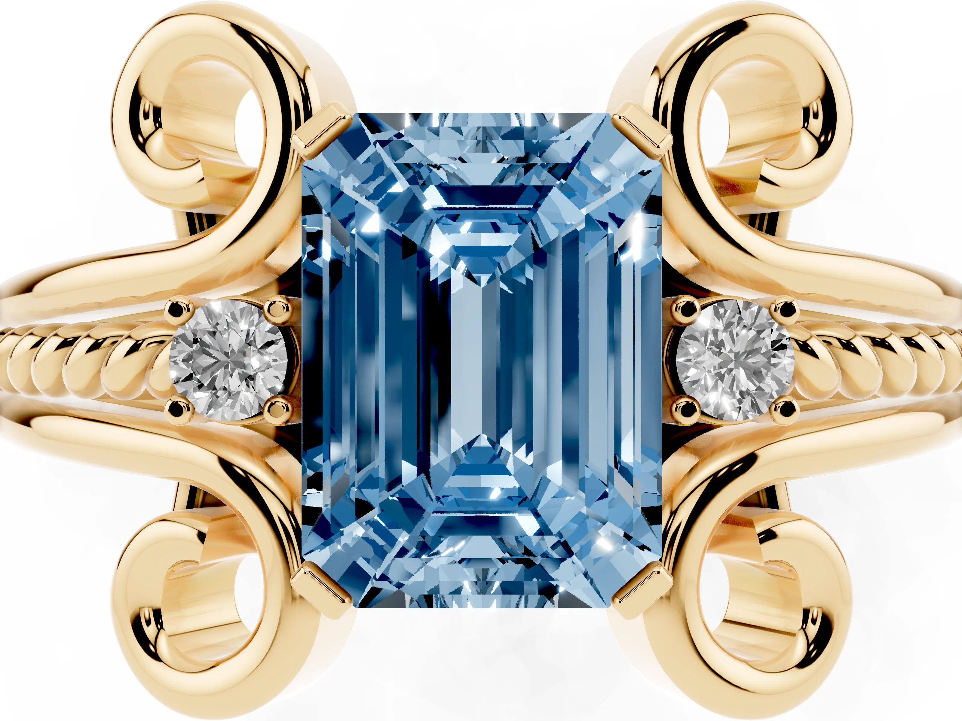 Fancy Blue Emerald Cut Diamond Twisted Band Solitaire Ring Set in Yellow gold with Scroll Prongs