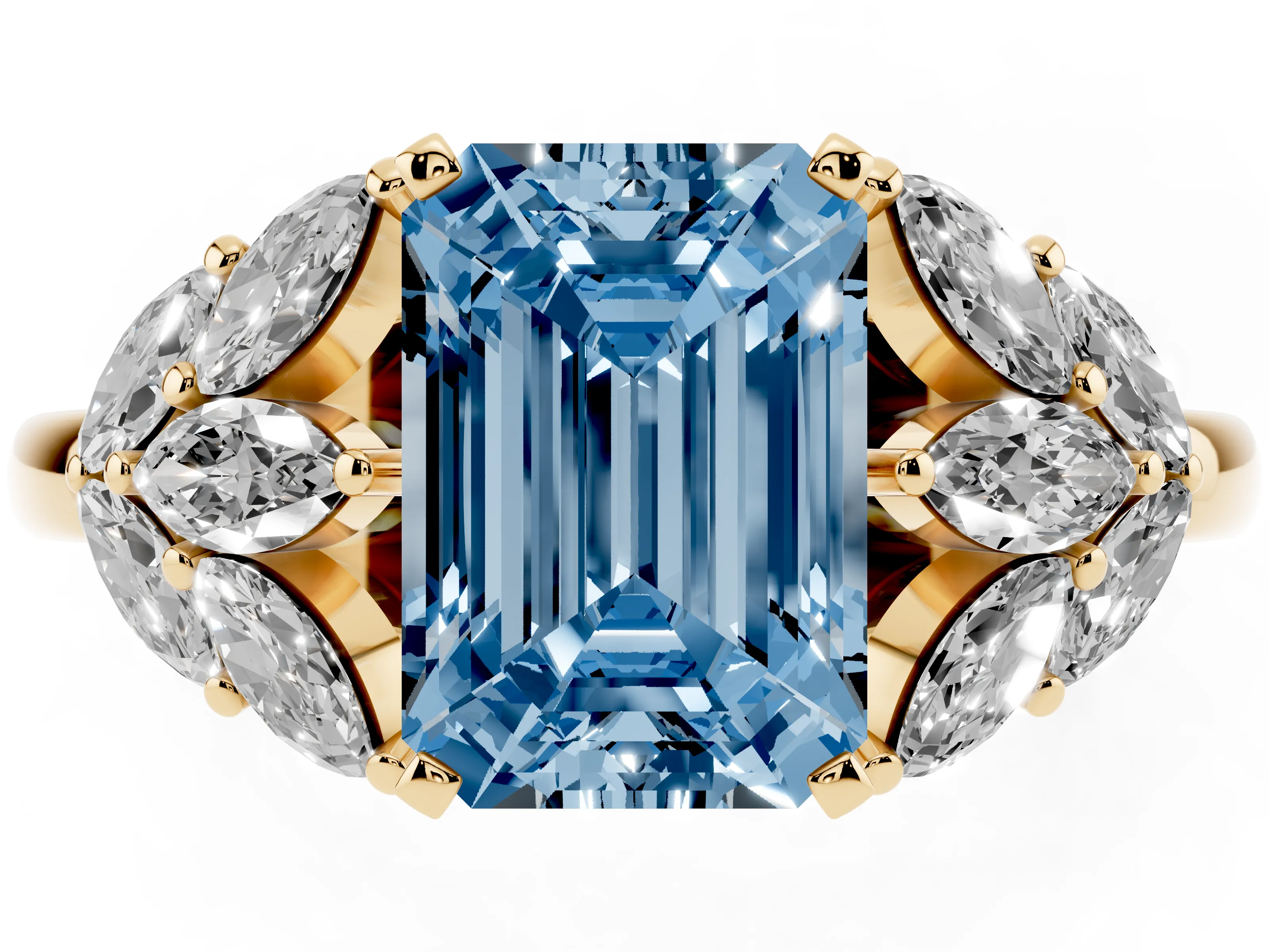 Fancy Blue Emerald Cut Diamond Cluster Leaf Design Ring Set in Yellow gold with Prong Setting