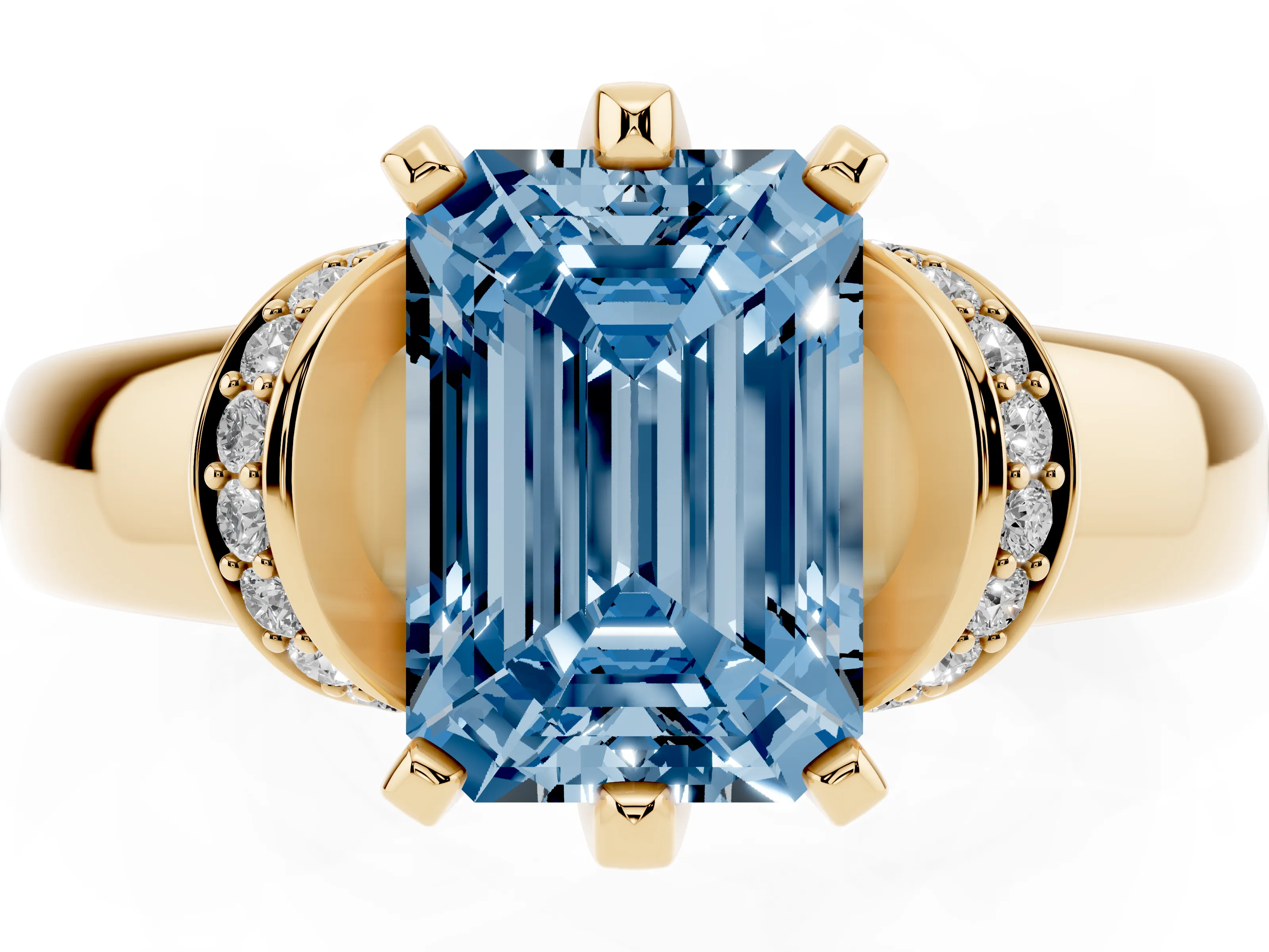 Fancy Blue Emerald Cut Diamond Pavé Band Solitaire Ring Set in Yellow gold with Prong Setting