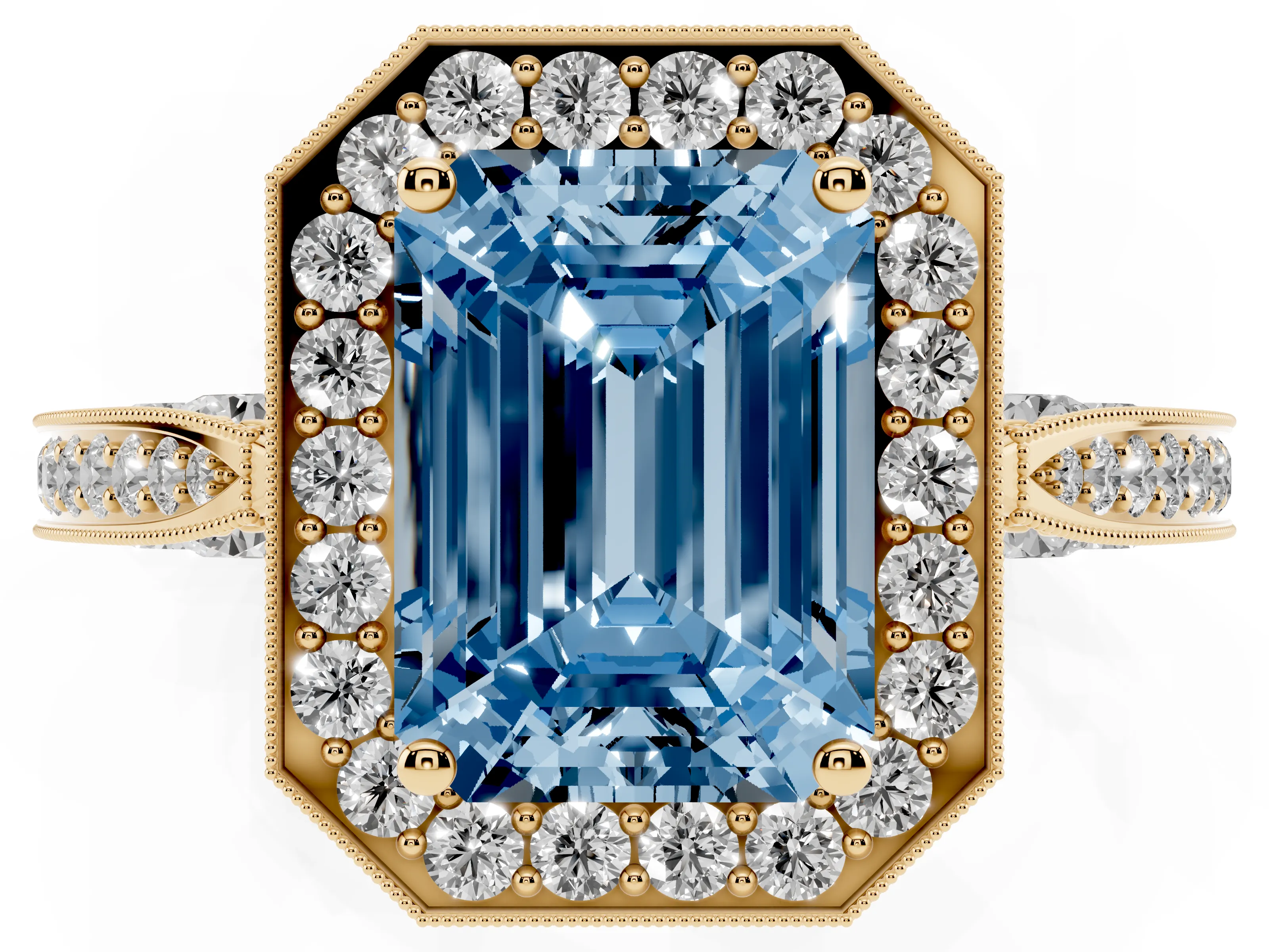 Fancy Blue Emerald Cut Diamond Halo Engagement Ring Set in Yellow gold with Accent Split Shank Band