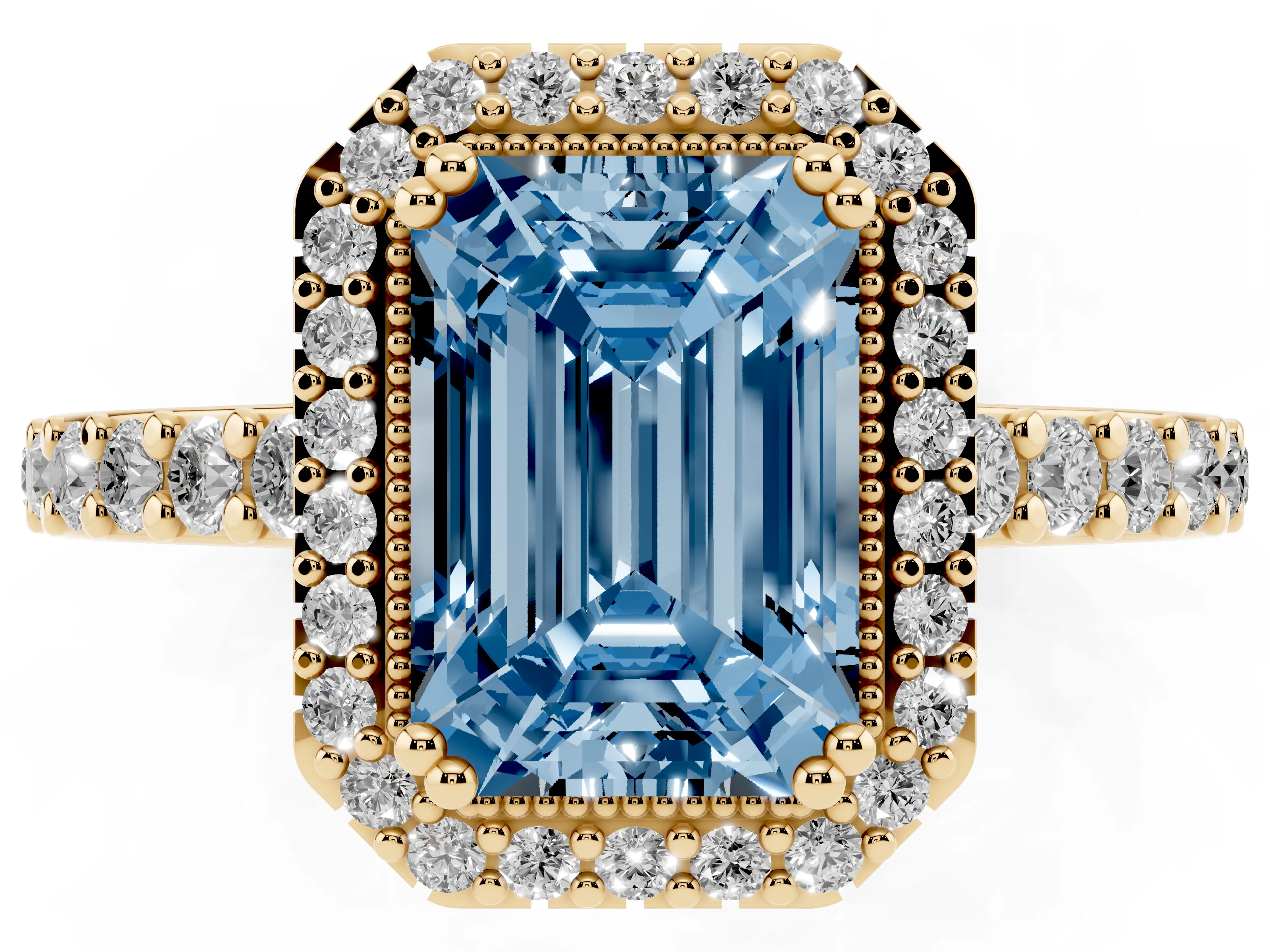Fancy Blue Emerald Cut Diamond Halo Engagement Ring Set in Yellow gold with Milgrain Detail and Pavé Band