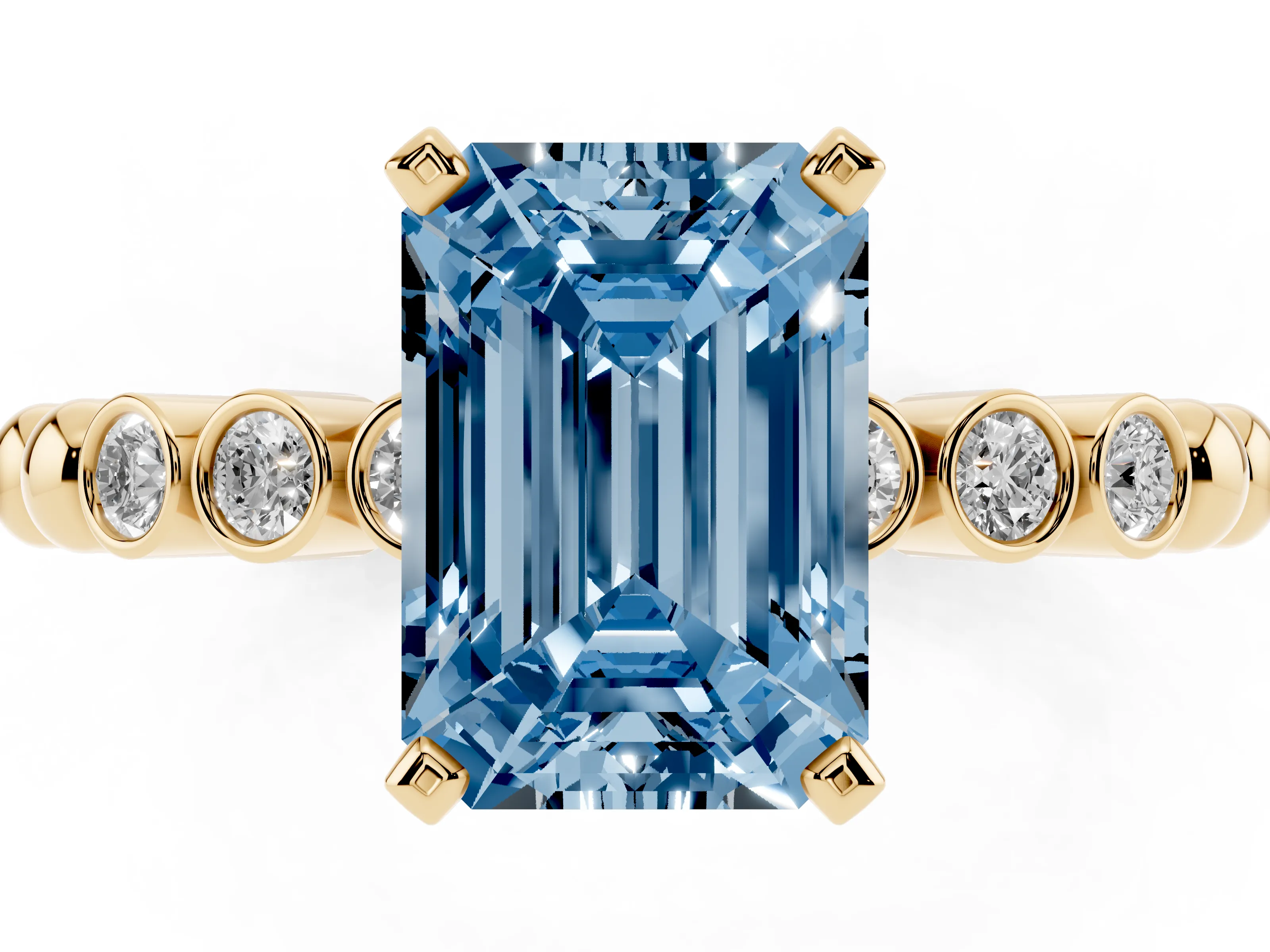 Fancy Blue Emerald Cut Diamond Solitaire Engagement Ring Set in Yellow gold with Bezel Accents on Beaded Band