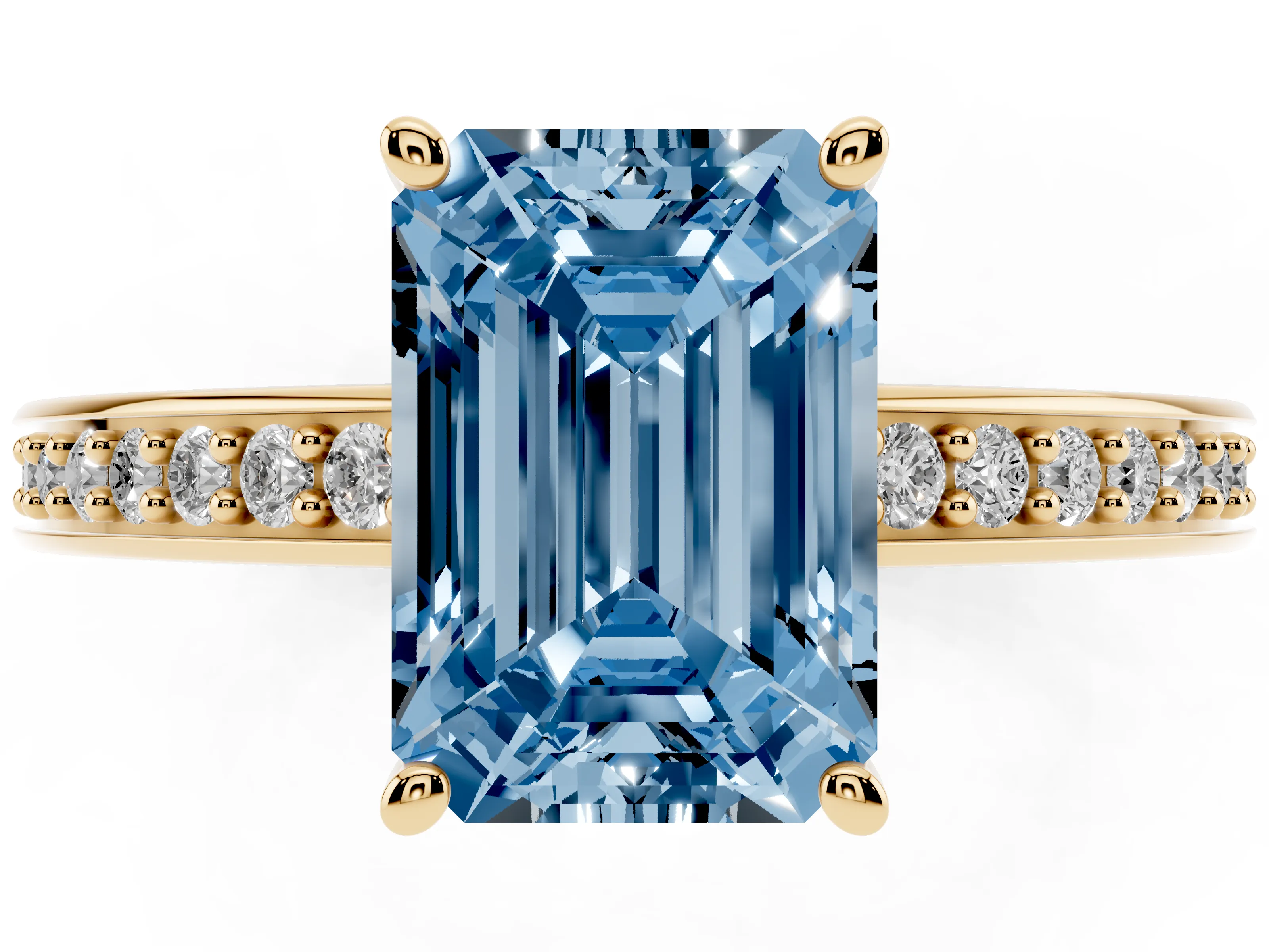 Fancy Blue Emerald Cut Diamond Pavé Band Prong Set Solitaire Ring Set in Yellow gold