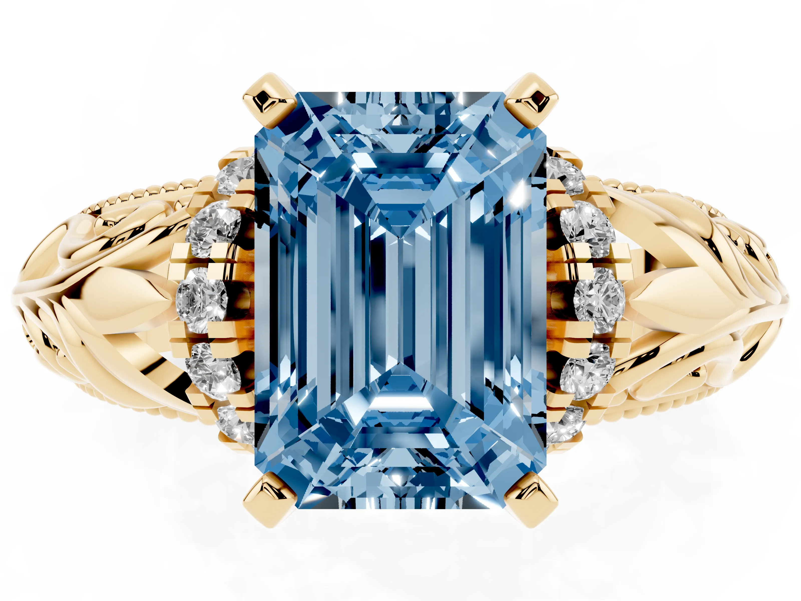 Fancy Blue Emerald Cut Diamond Filigree Halo Engagement Ring Set in Yellow gold with Prong Setting