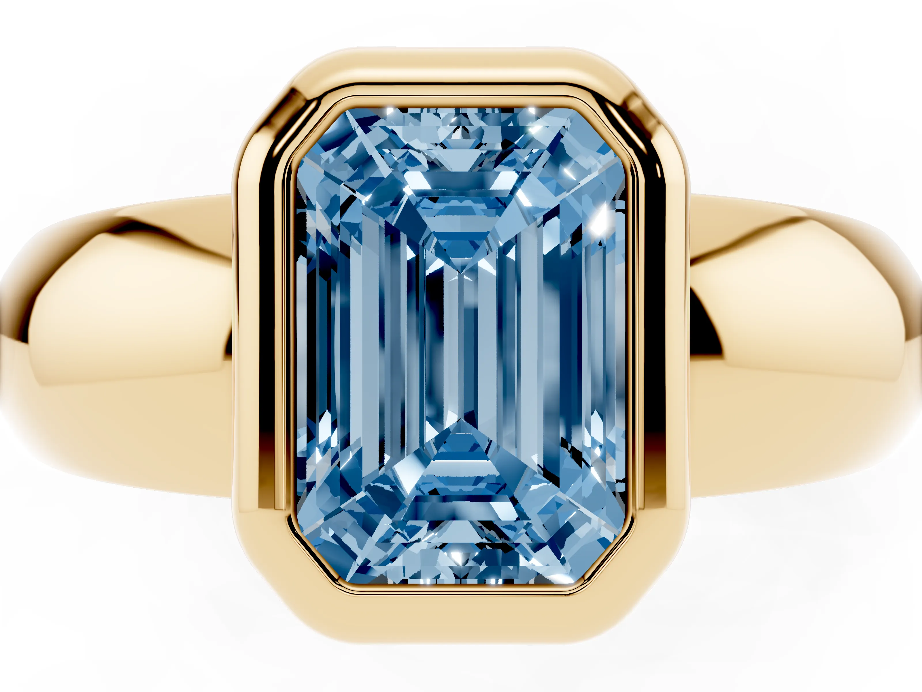 Fancy Blue Bezel Set Emerald Cut Diamond Solitaire Ring Set in Yellow gold with Wide Band