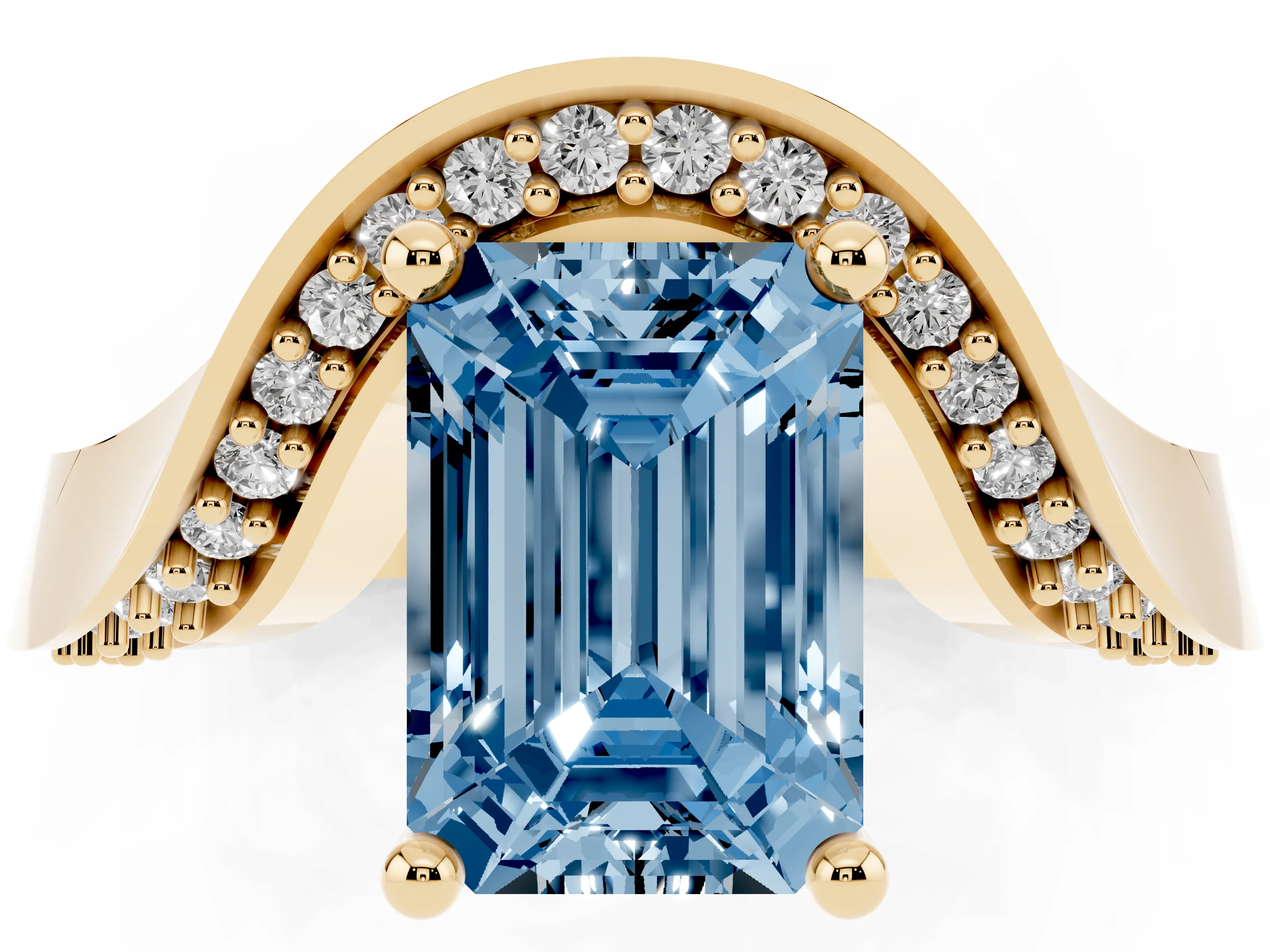 Fancy Blue Emerald Cut Diamond Solitaire Engagement Ring Set in Yellow gold with Pavé Shoulders