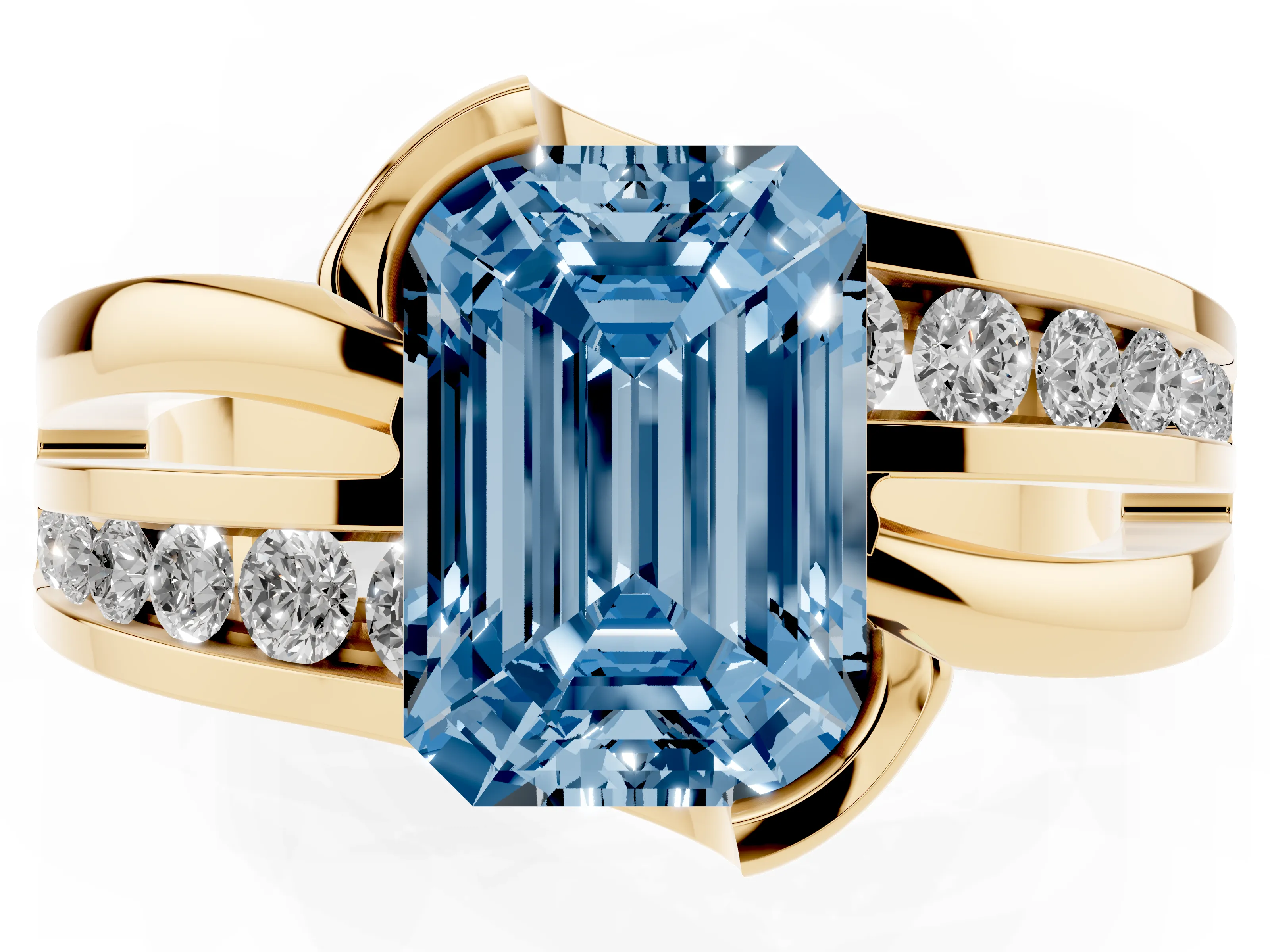 Fancy Blue Emerald Cut Diamond Solitaire Ring Set in Yellow gold with Channel Set Split Shank and Tension Prongs