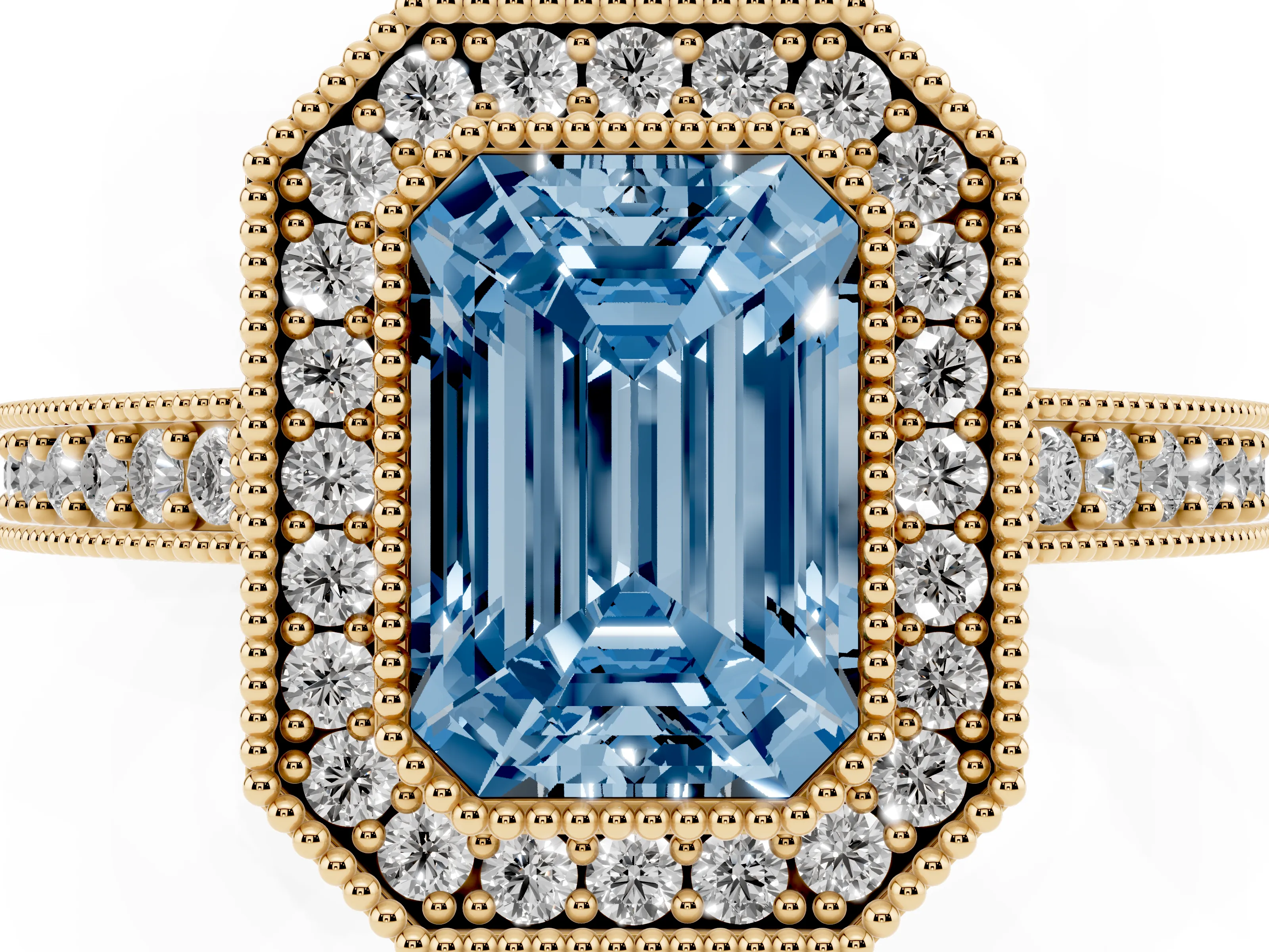 Fancy Blue Emerald Cut Diamond Halo Engagement Ring Set in Yellow gold with Pavé Band and Round Halo Stones