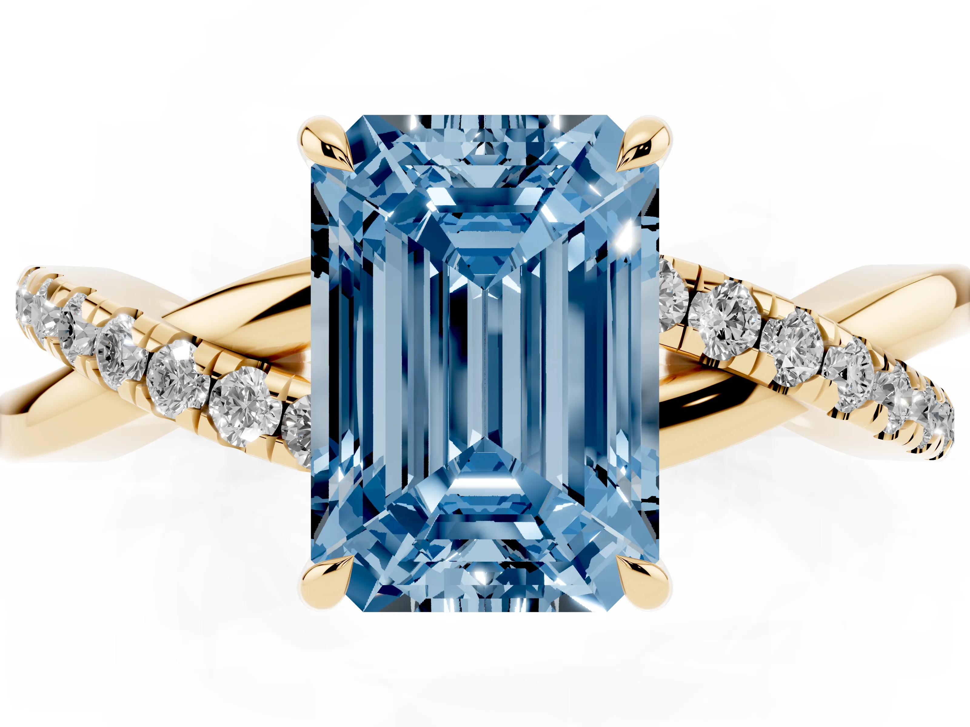 Fancy Blue Emerald Cut Diamond Twisted Pavé Band Ring Set in Yellow gold with Prong Setting