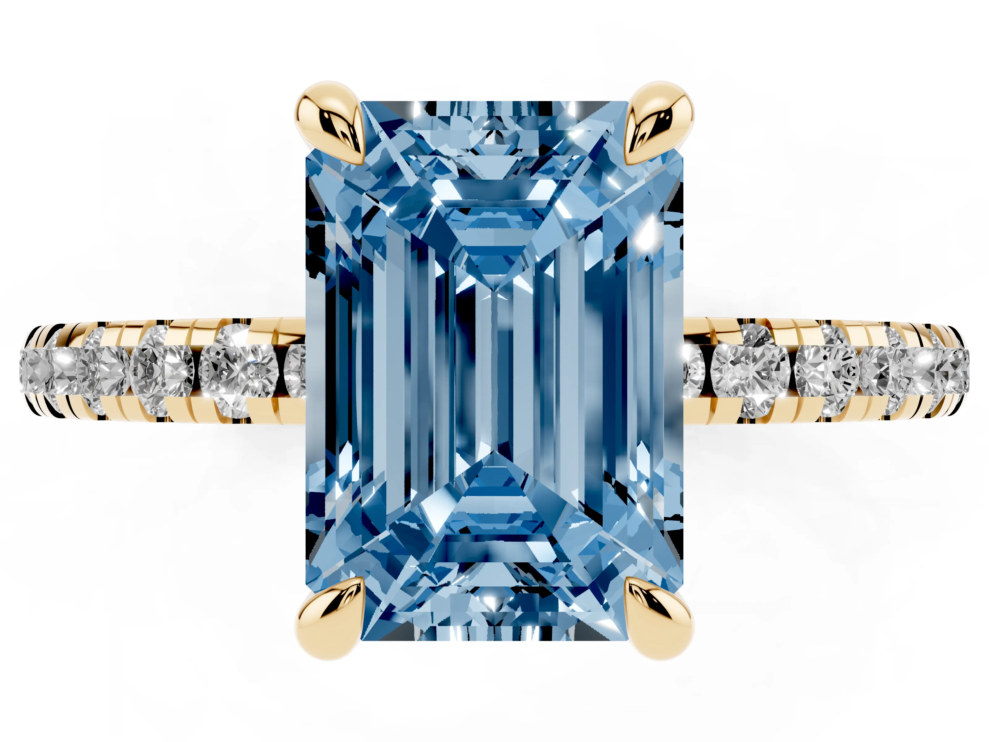 Fancy Blue Emerald Cut Diamond Brilliant Solitaire Ring Set in Yellow gold with Pavé Band and Prong Setting