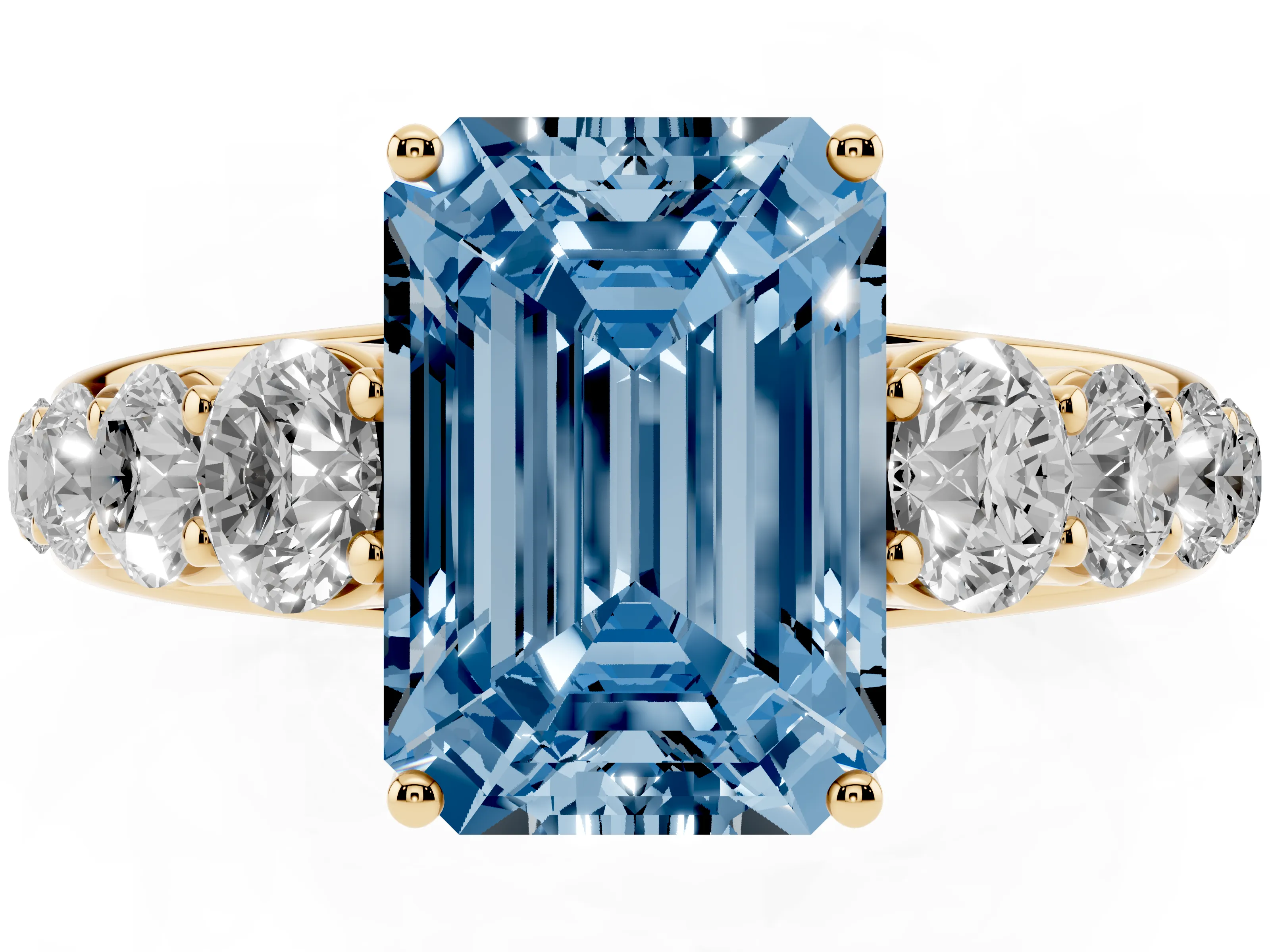 Fancy Blue Emerald Cut Diamond Solitaire Ring Set in Yellow gold with Pavé-Set Band and Prong Setting