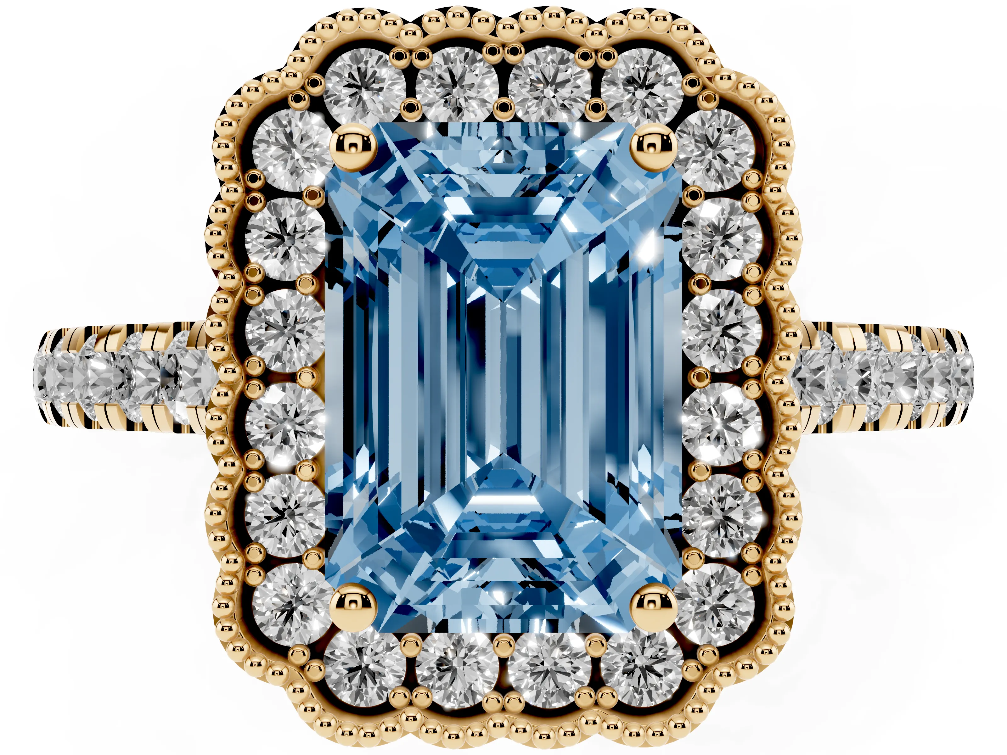 Fancy Blue Emerald Cut Diamond Milgrain Floral Halo Engagement Ring Set in Yellow gold with Pavé Band