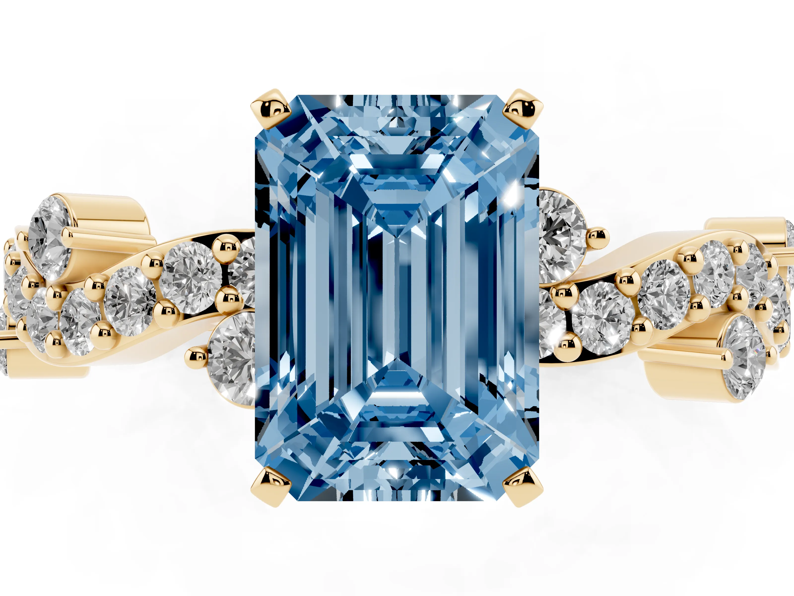 Fancy Blue Emerald Cut Diamond Solitaire Twisted Band Set in Yellow gold with Pavé Setting