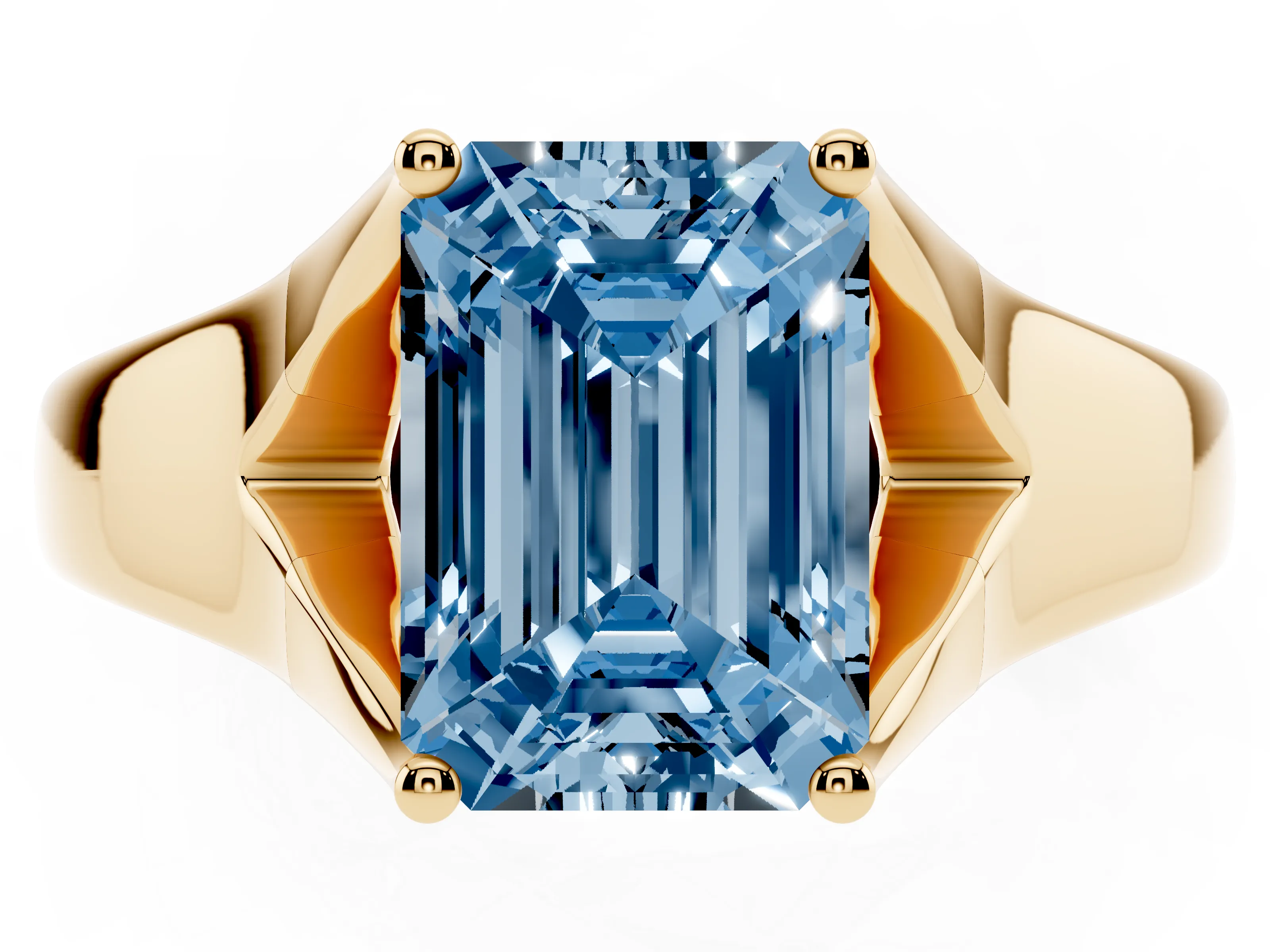 Fancy Blue Emerald Cut Diamond Solitaire Ring Set in Yellow gold with Arched Cathedral Band and Prong Setting