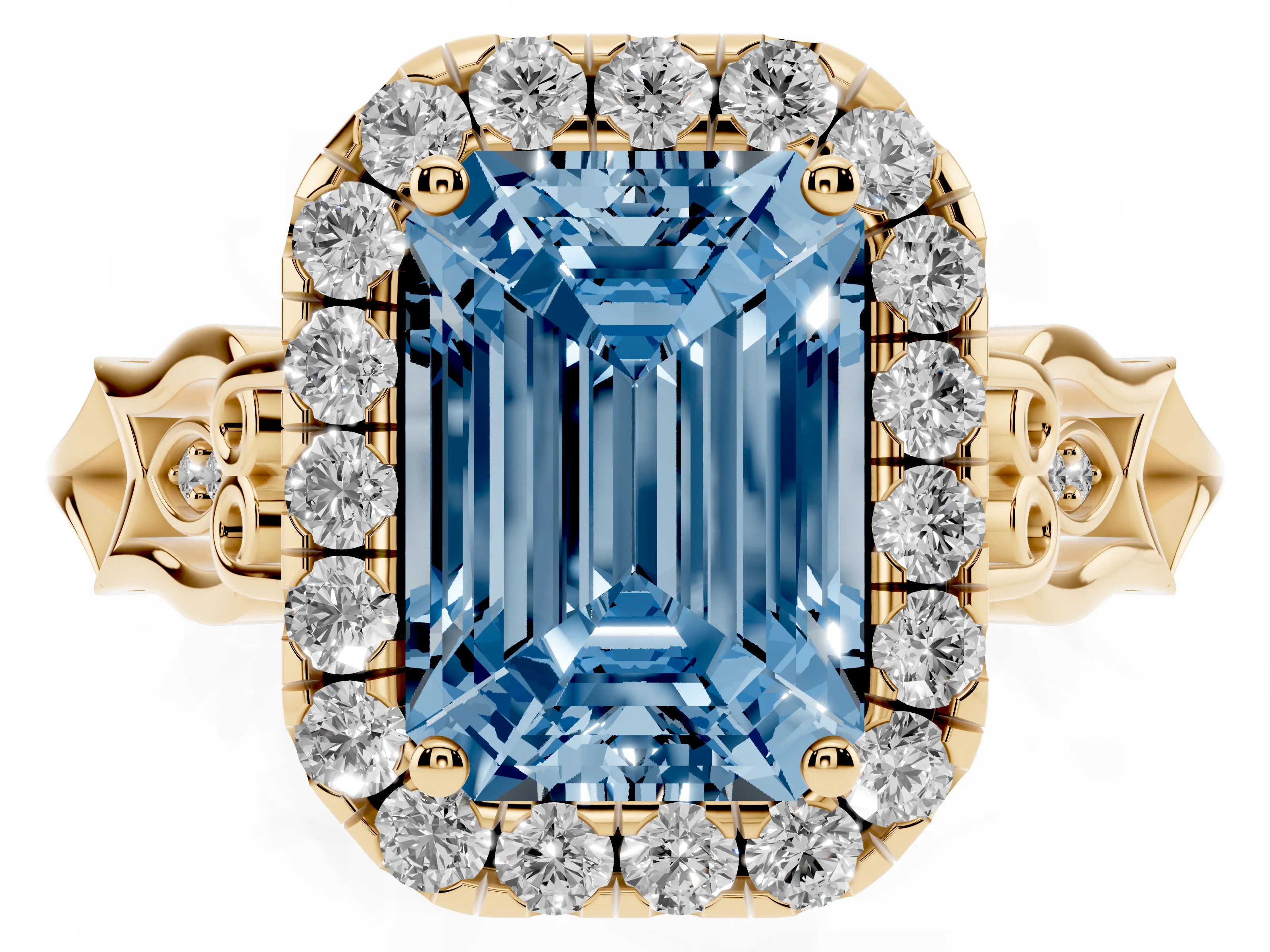 Fancy Blue Emerald Cut Diamond Halo Engagement Ring Set in Yellow gold with Filigree Band and Prong-Set Center