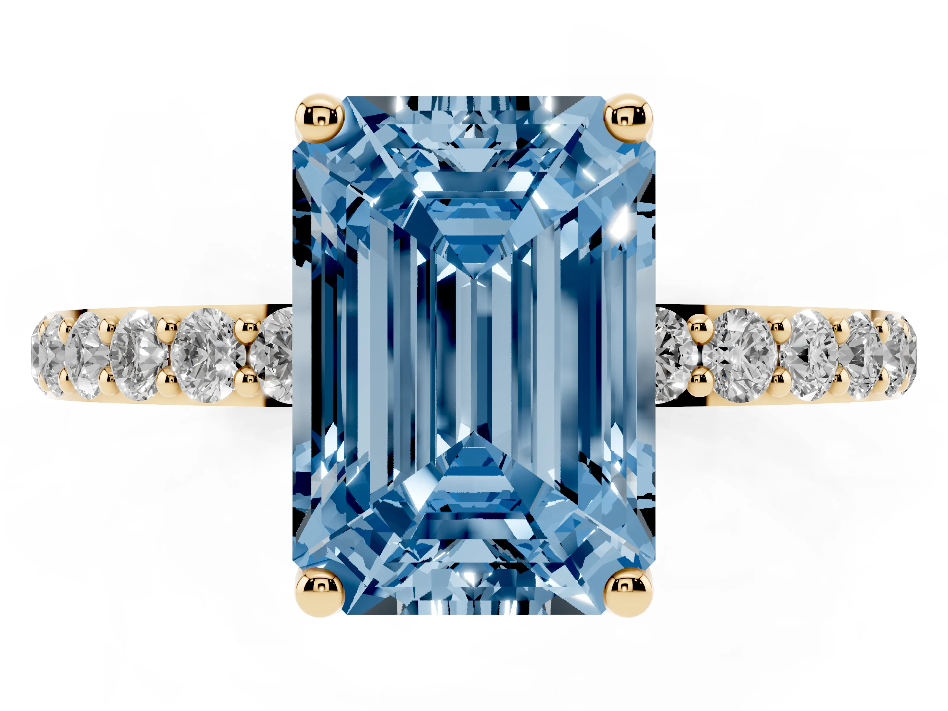 Fancy Blue Emerald Cut Diamond Solitaire Engagement Ring Set in Yellow gold with Round Pavé Band and Prong Setting
