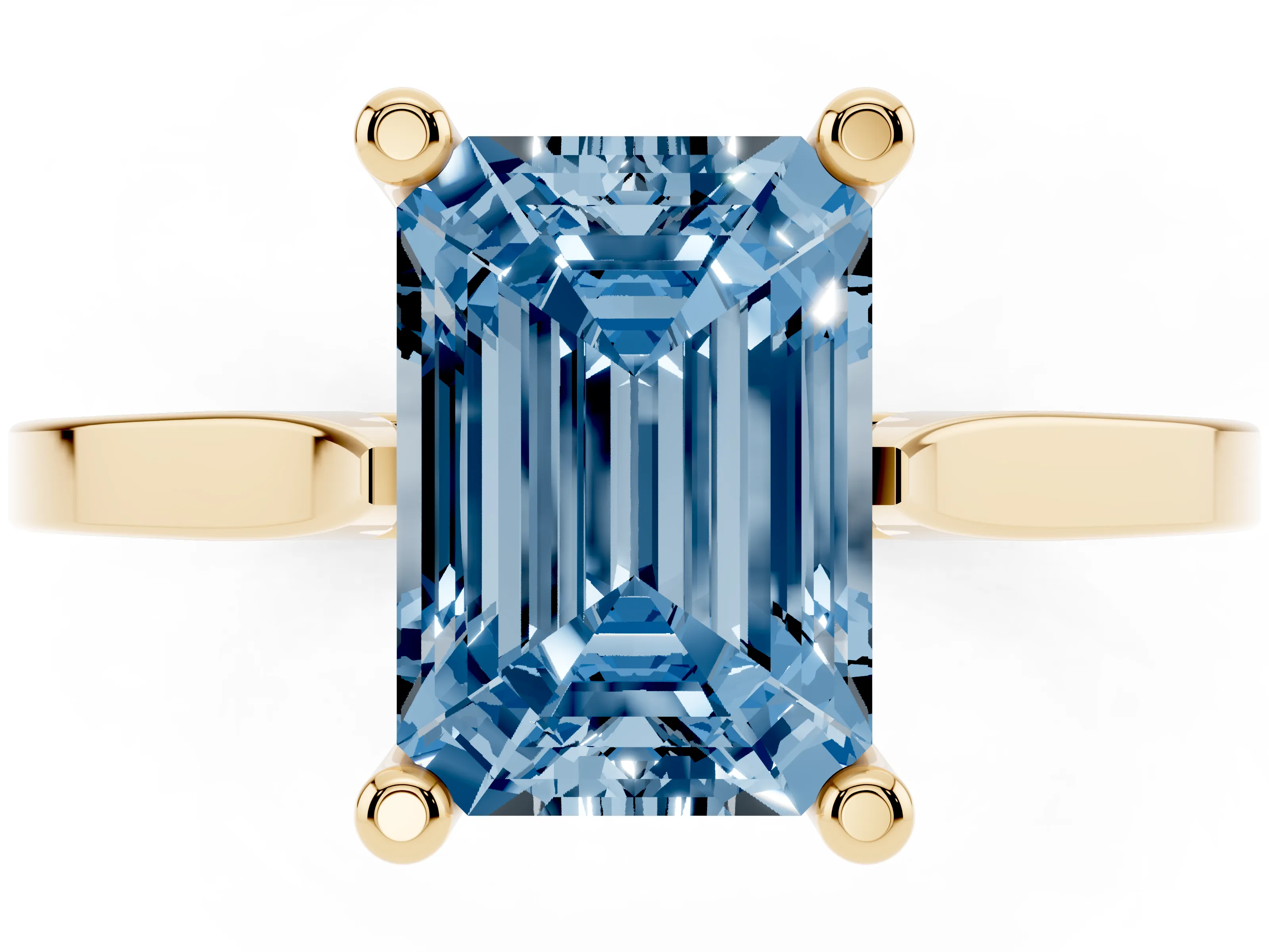 Fancy Blue Emerald Cut Diamond Solitaire Ring Set in Yellow gold with Prong Setting and Tapered Band