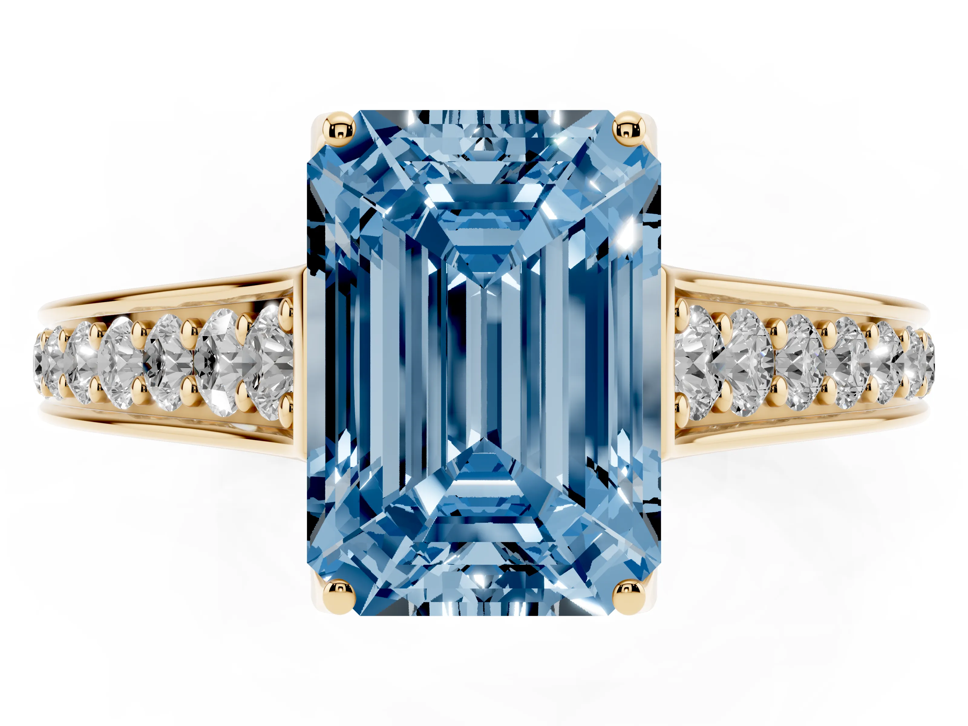 Fancy Blue Emerald Cut Diamond Solitaire Pavé Engagement Ring Set in Yellow gold with Prong Setting