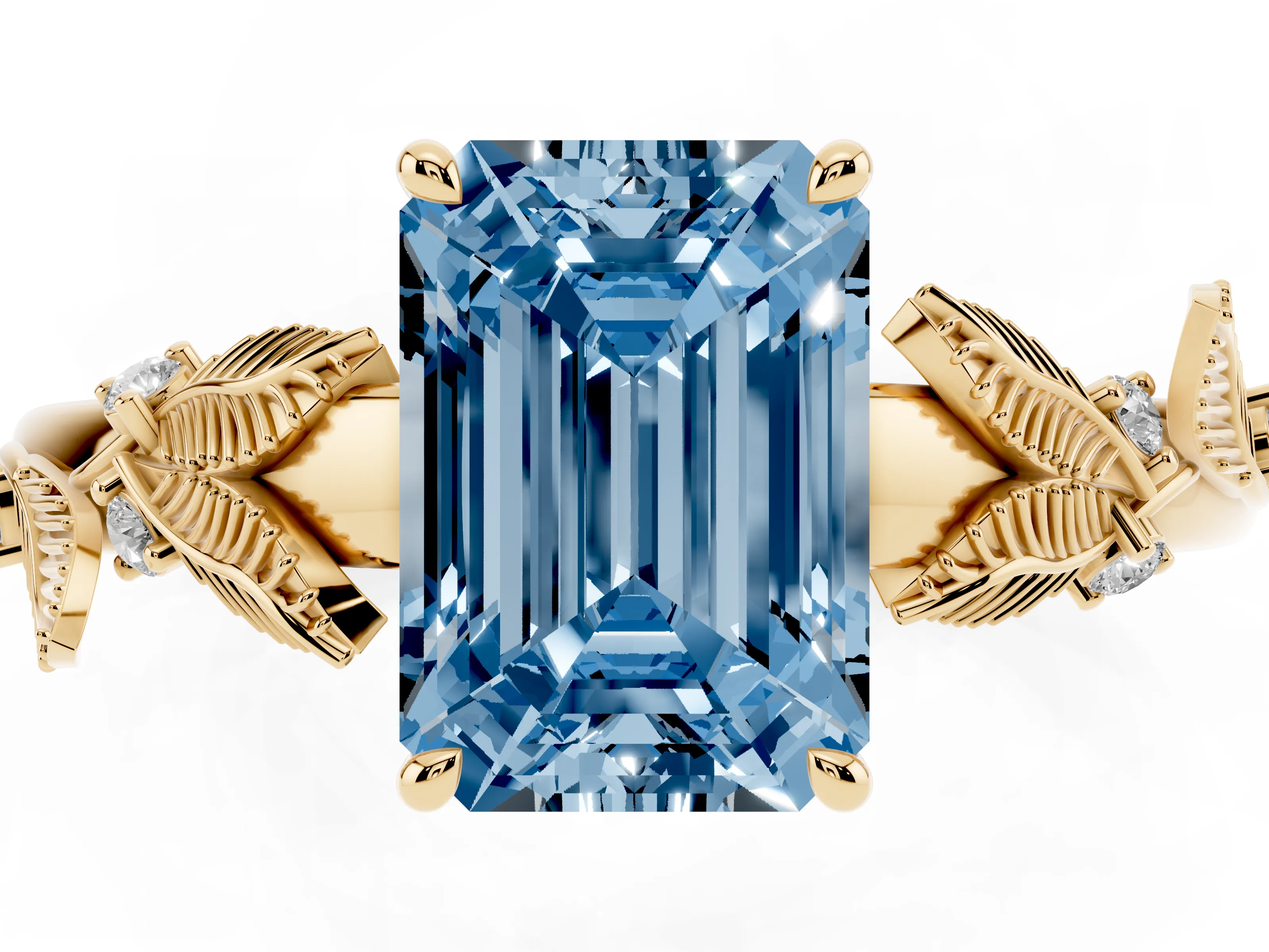 Fancy Blue Emerald Cut Diamond Solitaire Ring Set in Yellow gold with Leaf Motif Band