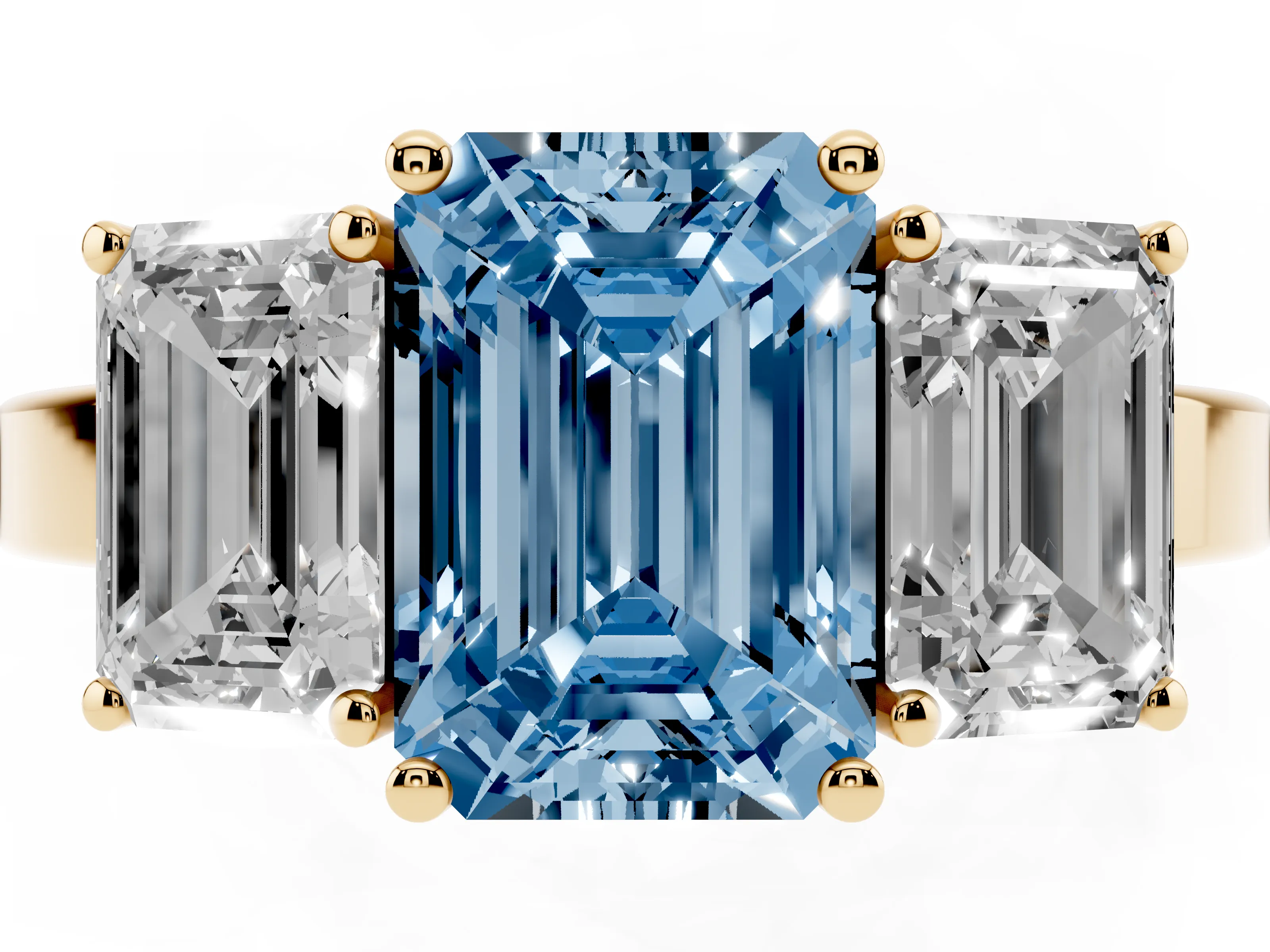 Fancy Blue Emerald Cut Diamond Three-Stone Engagement Ring Set in Yellow gold with Flat Band
