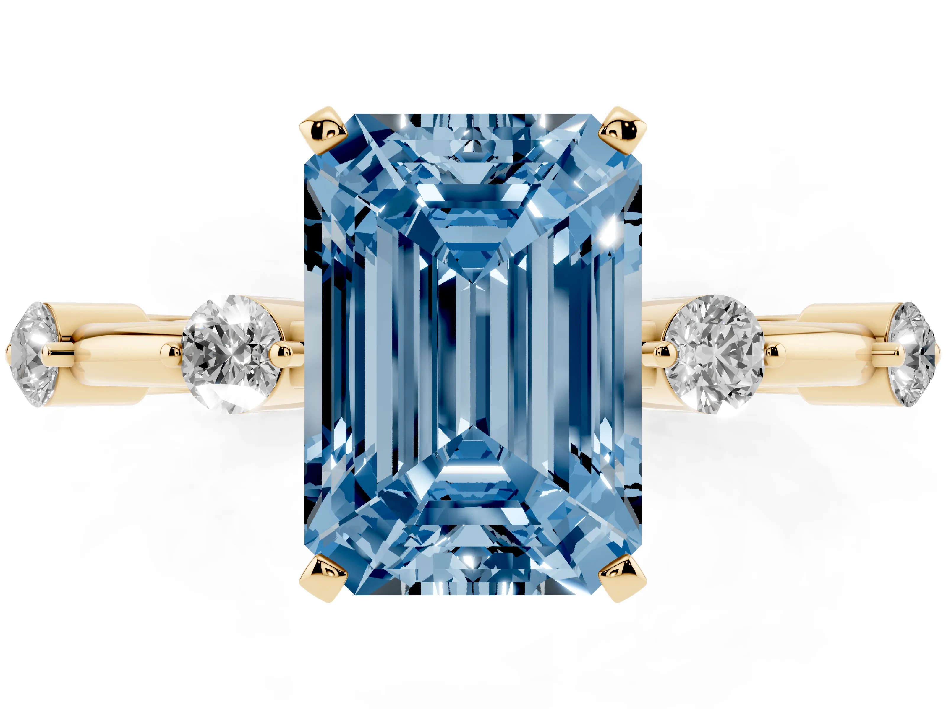 Fancy Blue Emerald Cut Diamond Solitaire Ring Set in Yellow gold with Bezel Set Side Stones and Prong Setting